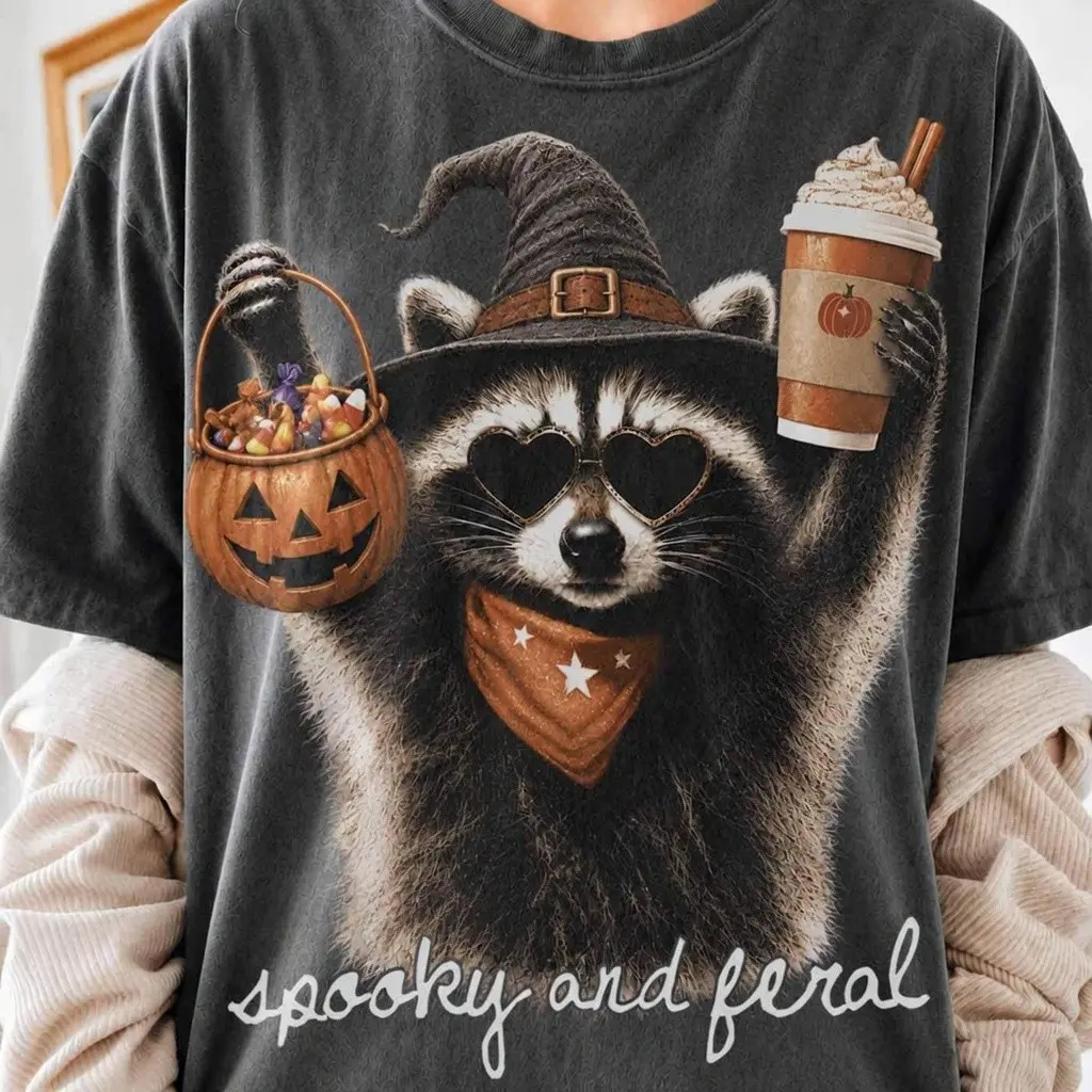 Comfort Colors Retro Feral Raccoon Ghost Halloween T-Shirt, Creepy Cute Spooky Autumn Tee for Women