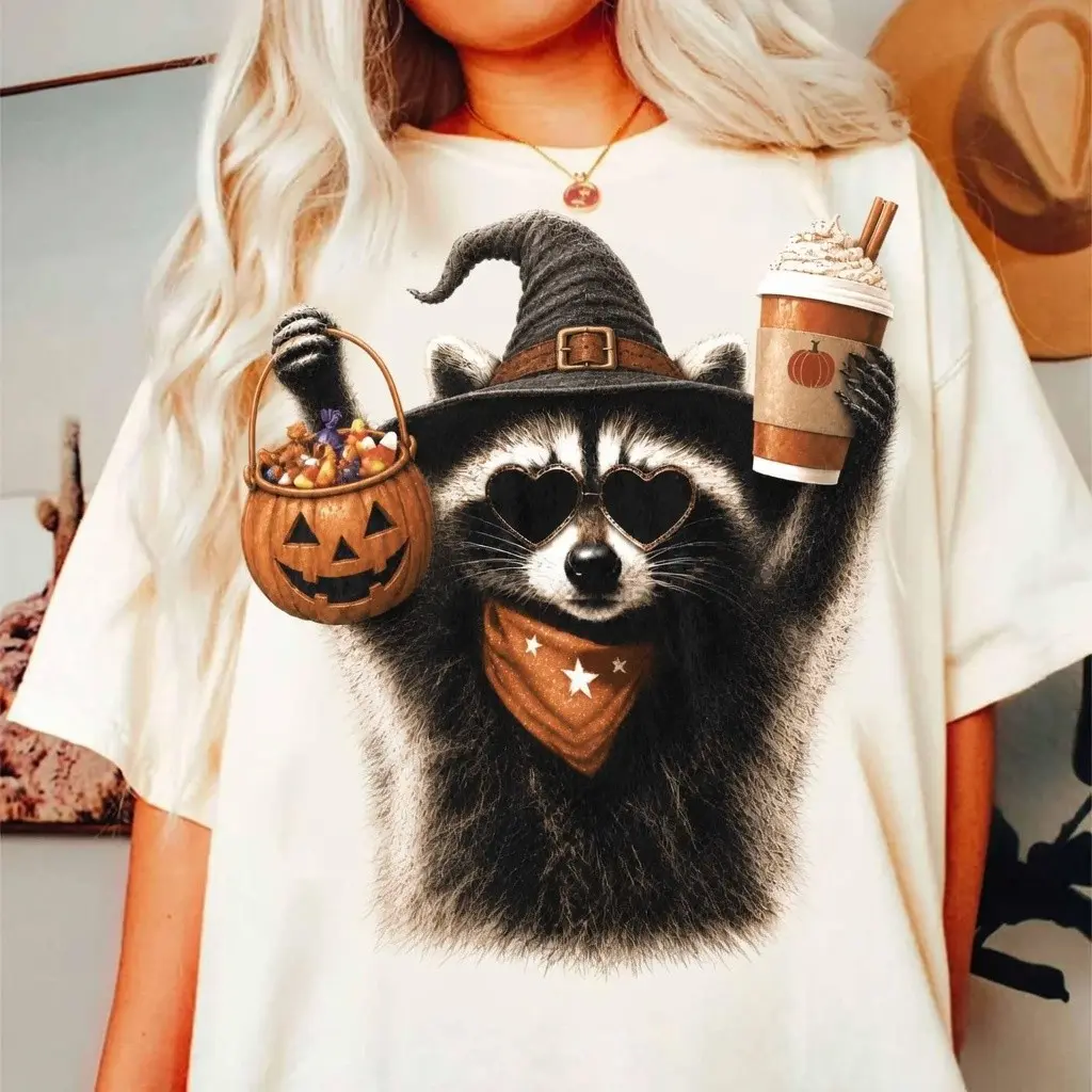 Comfort Colors Retro Feral Raccoon Ghost Halloween T-Shirt, Creepy Cute Spooky Autumn Tee for Women - photo 2