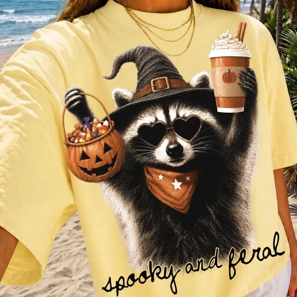 Comfort Colors Retro Feral Raccoon Ghost Halloween T-Shirt, Creepy Cute Spooky Autumn Tee for Women - photo 3