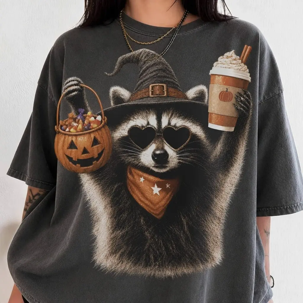 Comfort Colors Retro Feral Raccoon Ghost Halloween T-Shirt, Creepy Cute Spooky Autumn Tee for Women - photo 4