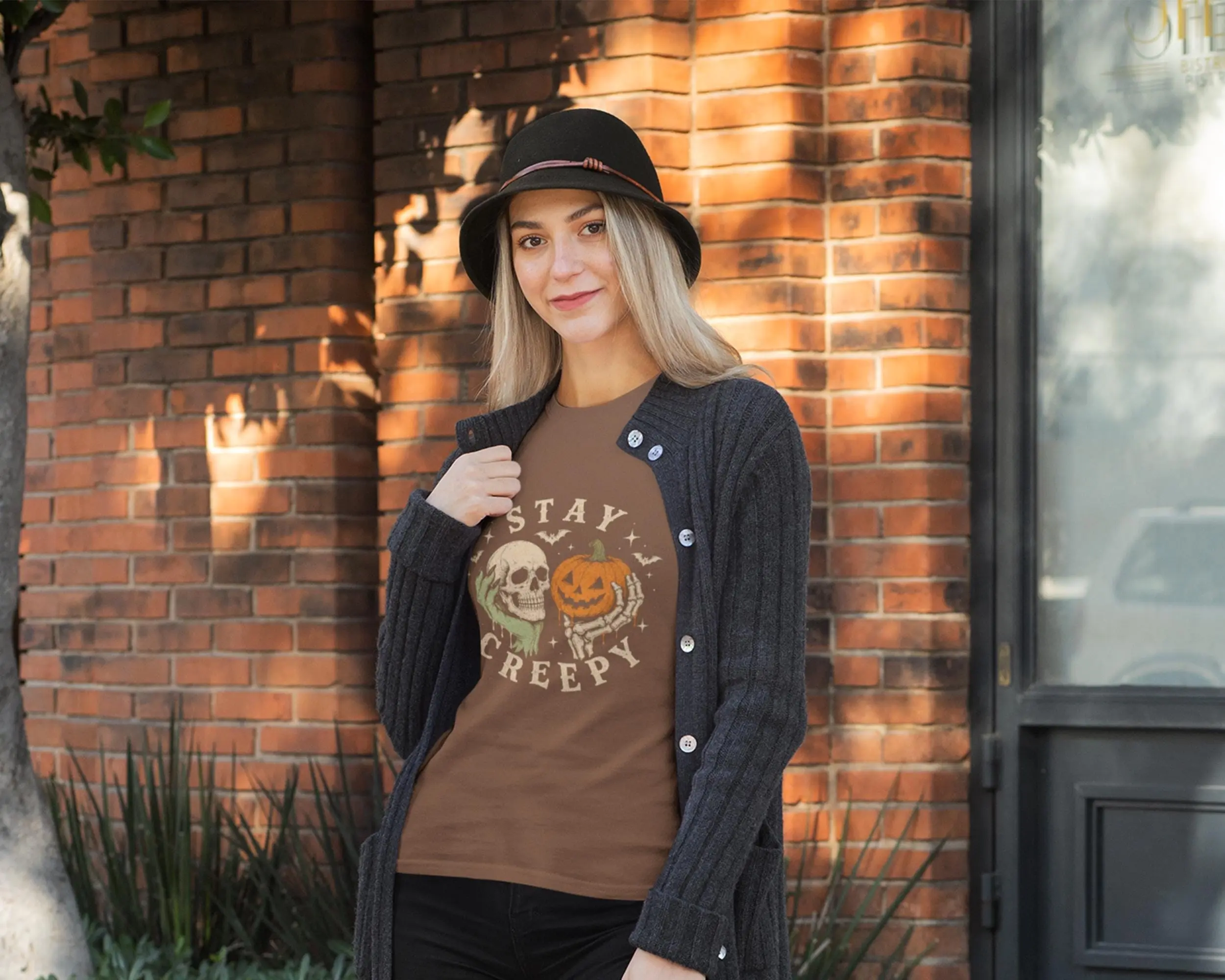 Comfort Colors Retro Stay Creepy Dripping Skeleton Shirt, Pumpkin Halloween Gothic Grunge Horror Graphic Tee - photo 2