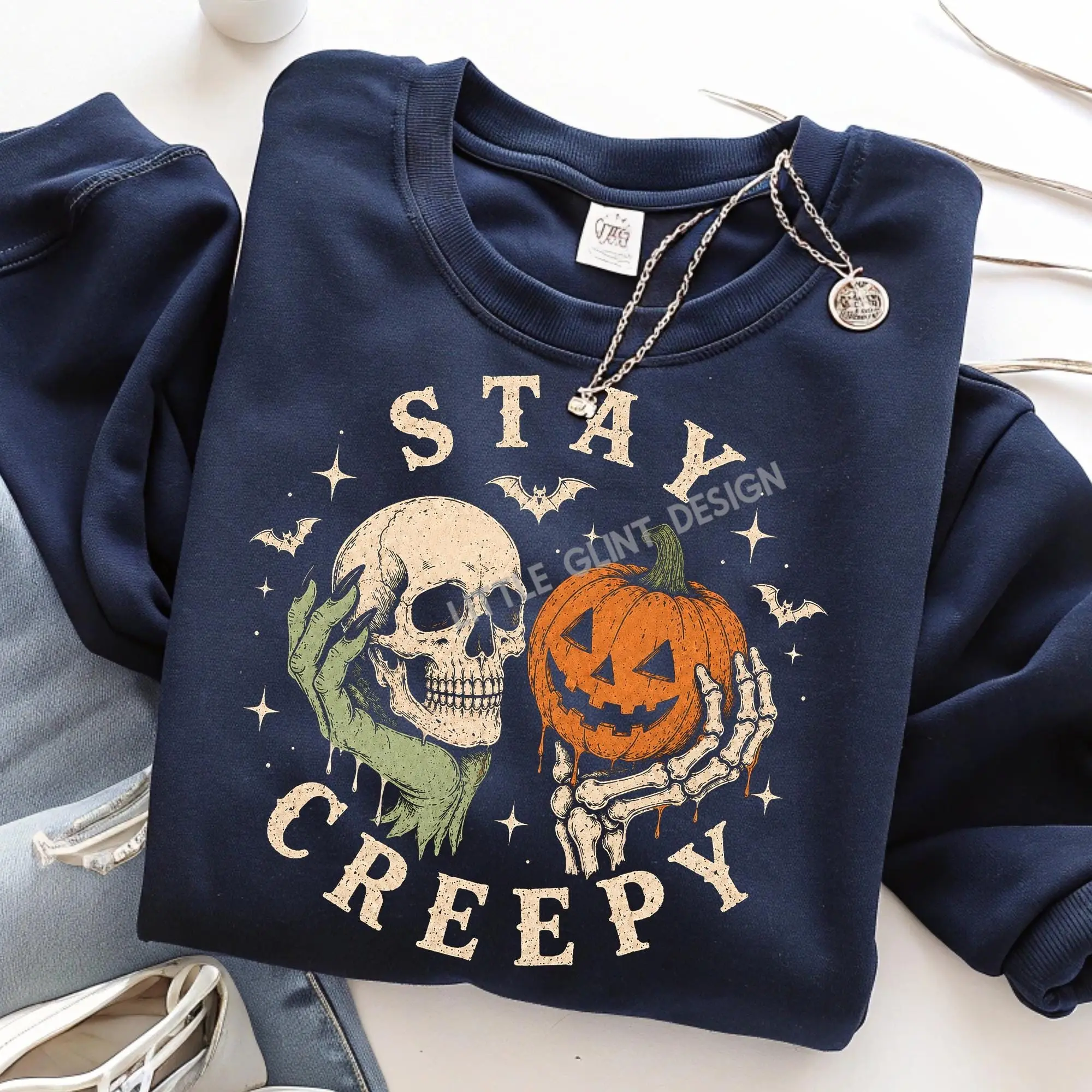 Comfort Colors Retro Stay Creepy Dripping Skeleton Shirt, Pumpkin Halloween Gothic Grunge Horror Graphic Tee - photo 3