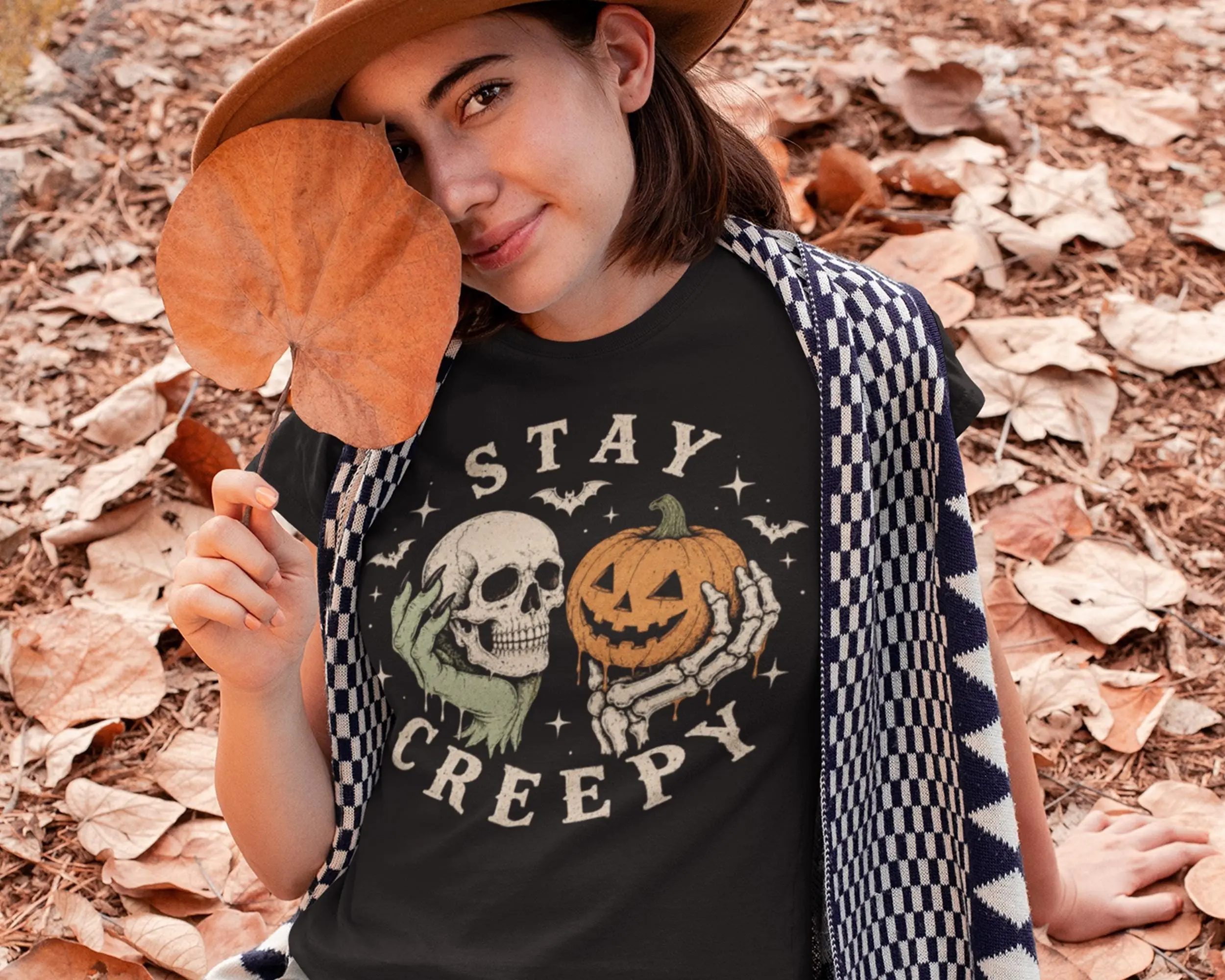 Comfort Colors Retro Stay Creepy Dripping Skeleton Shirt, Pumpkin Halloween Gothic Grunge Horror Graphic Tee - photo 4