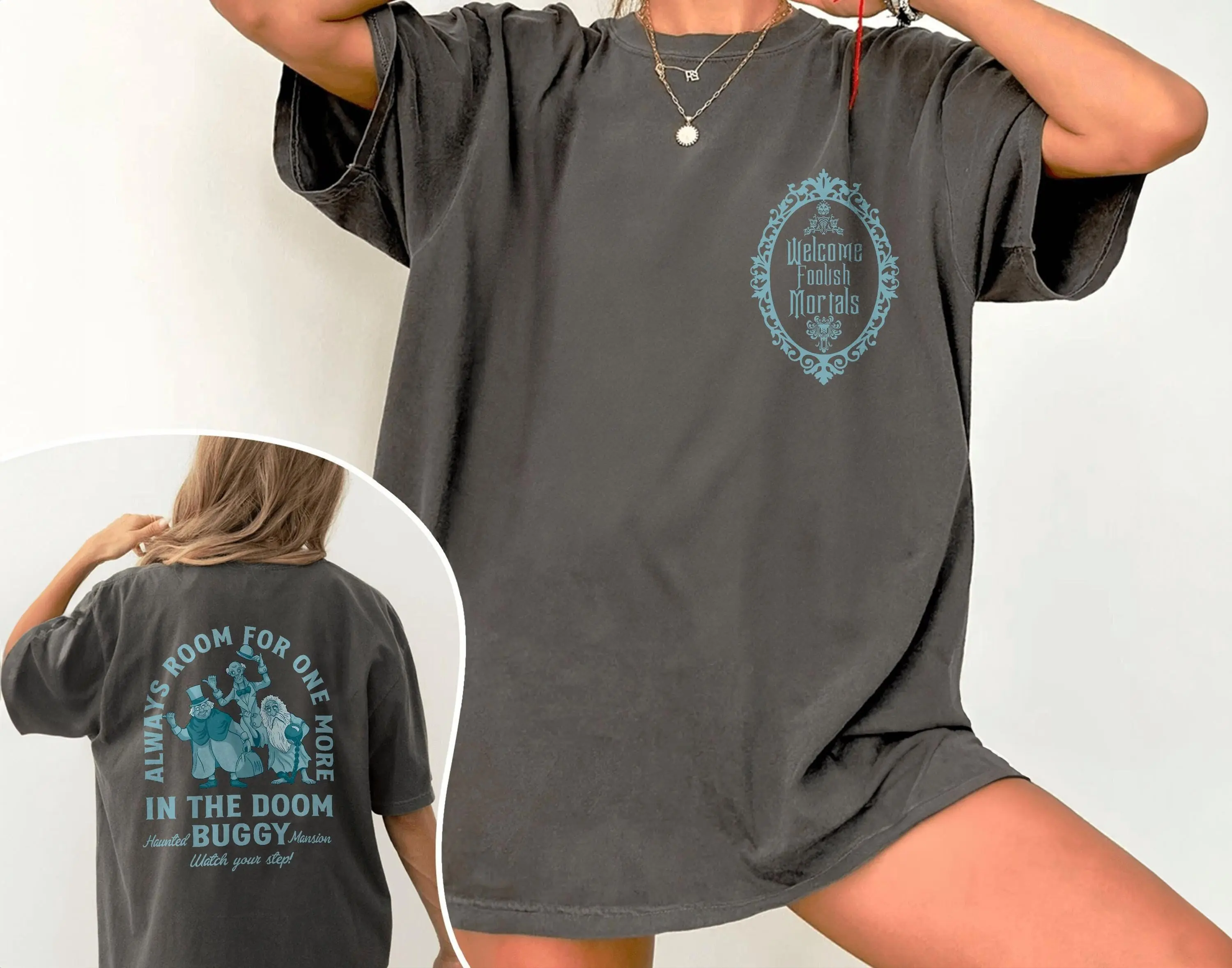 Comfort Colors Retro H. Mansion 2 Sided Halloween Shirt, Welcome Foolish Mortals Spooky Season Tee Gift - photo 4
