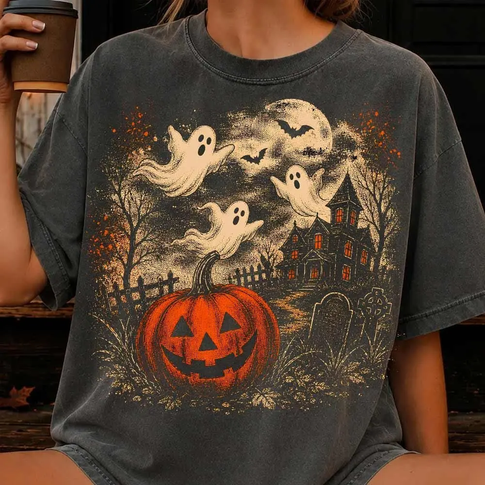 Comfort Colors Retro Vintage Halloween Halftone Shirt, Jack O Lantern Haunted House Pumpkin Ghost Moon Tee