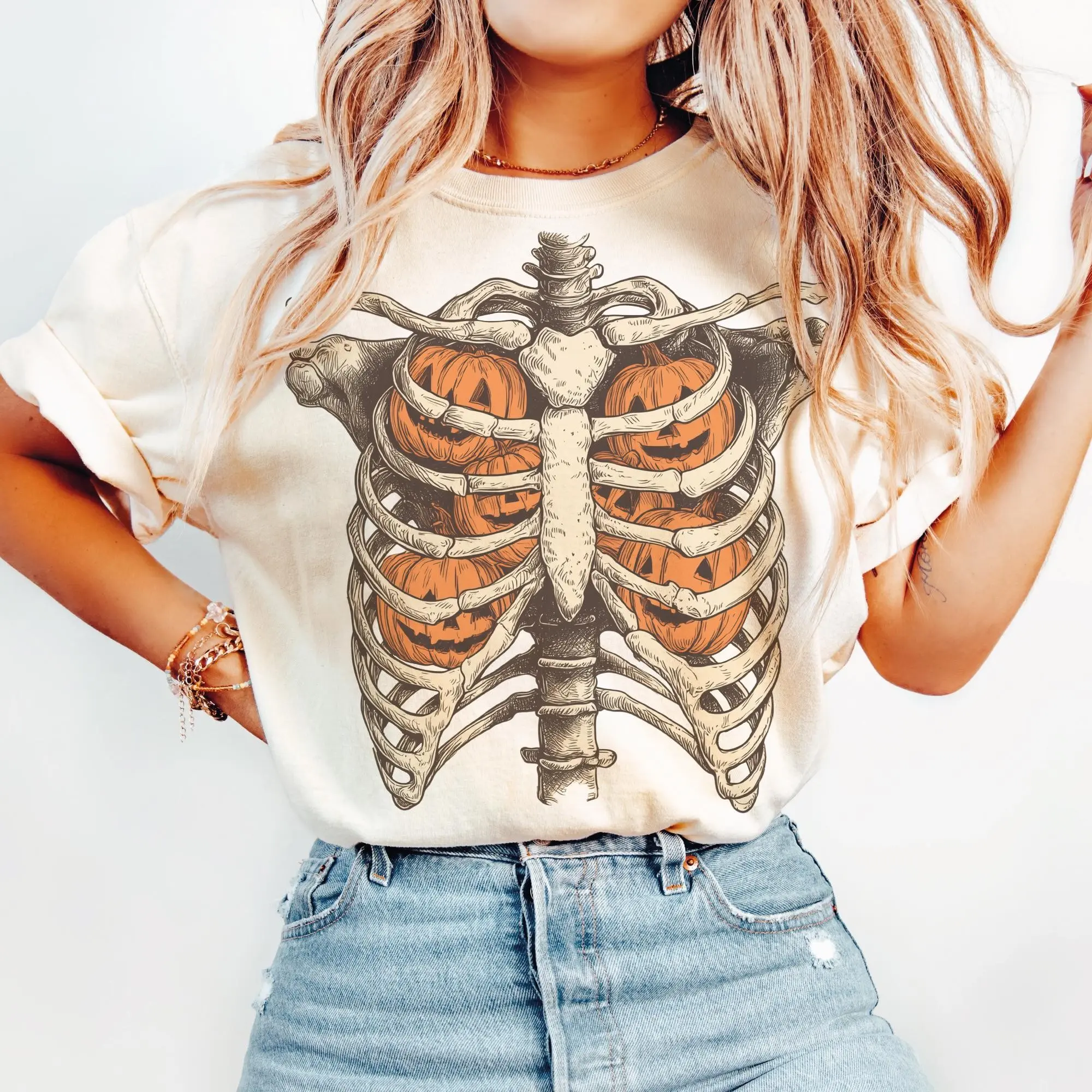Comfort Colors Ribcage Pumpkins Shirt, Unisex Halloween Skeleton Spooky Season Graphic Tee