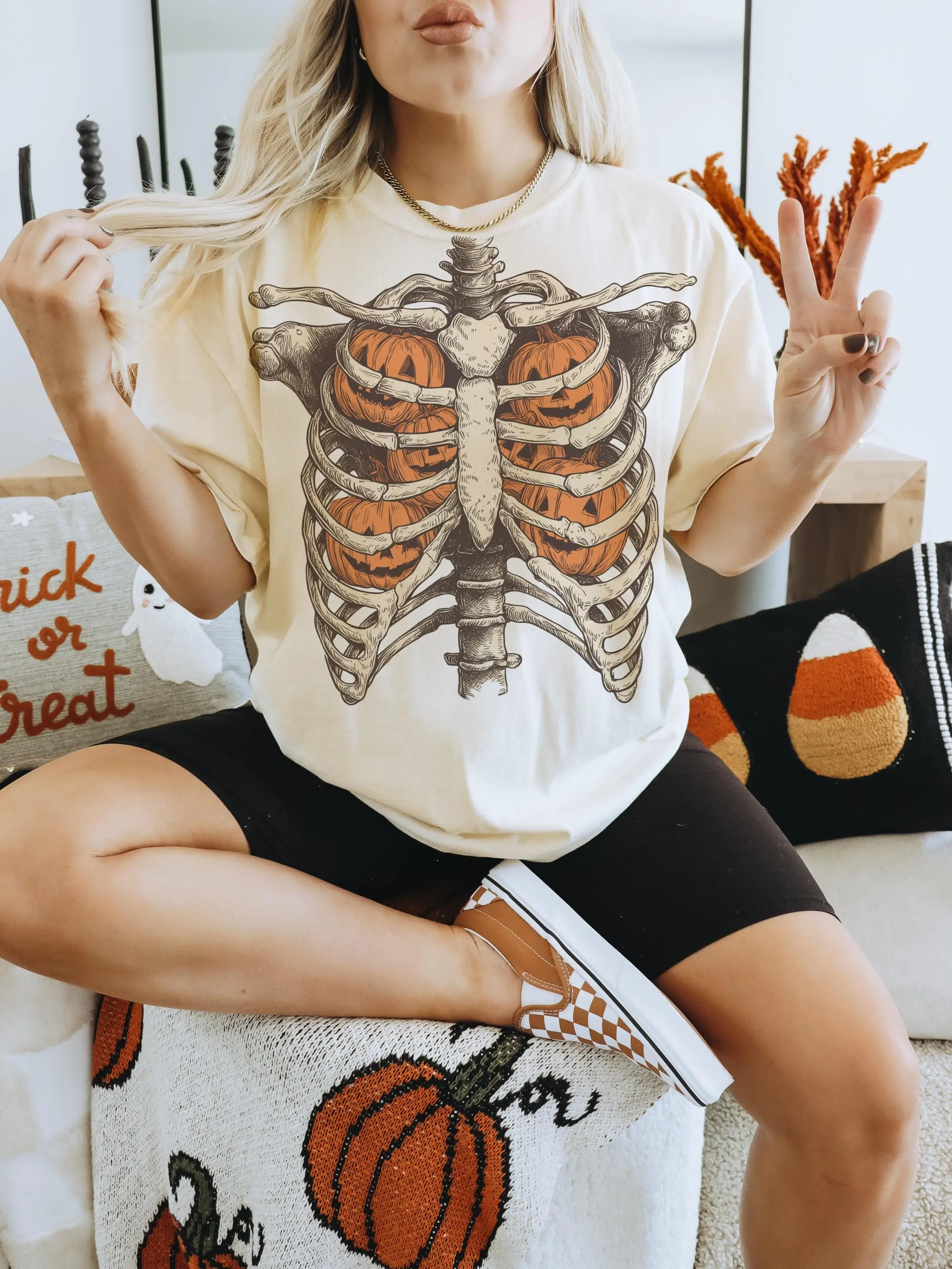 Comfort Colors Ribcage Pumpkins Shirt, Unisex Halloween Skeleton Spooky Season Graphic Tee - photo 2