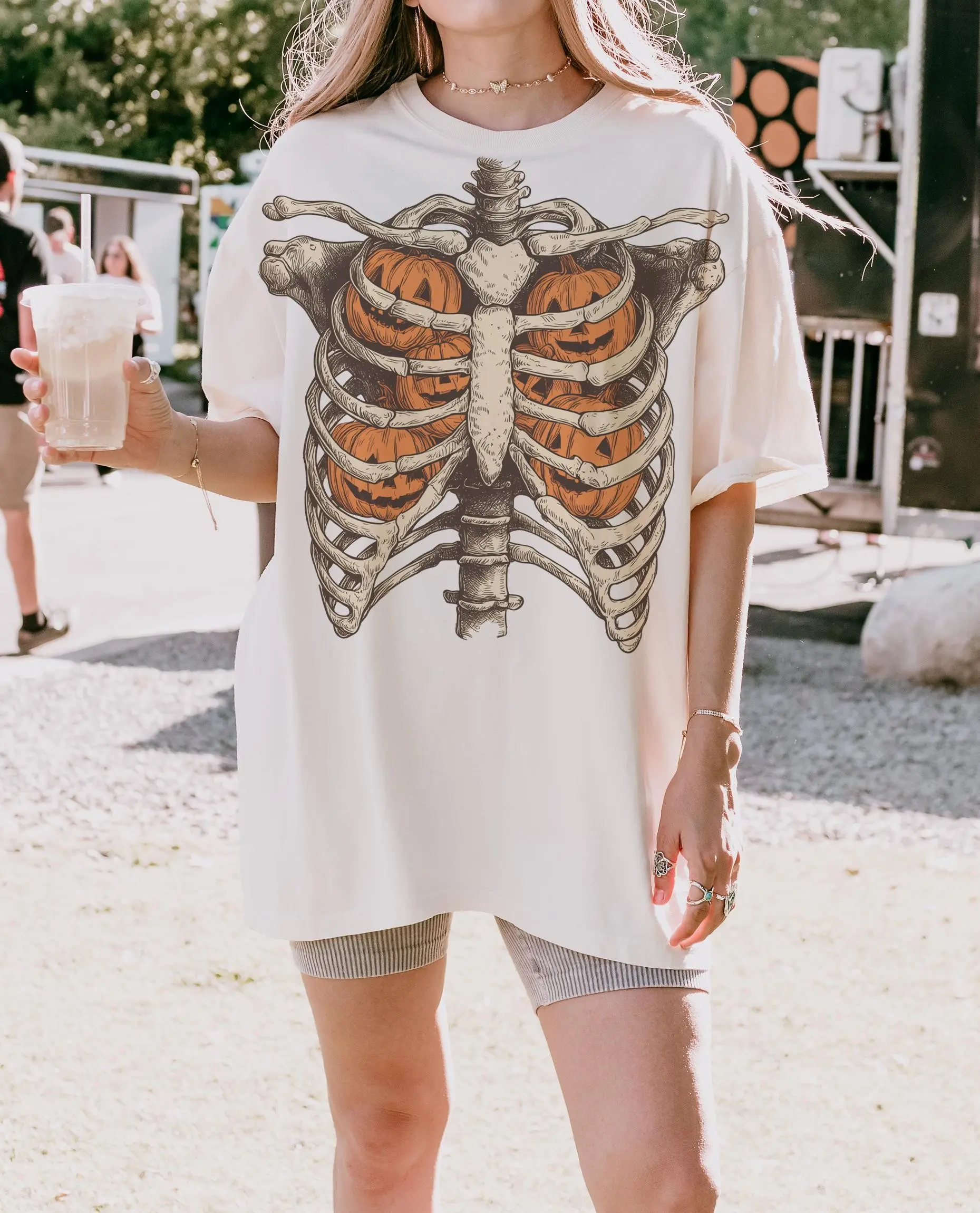 Comfort Colors Ribcage Pumpkins Shirt, Unisex Halloween Skeleton Spooky Season Graphic Tee - photo 3