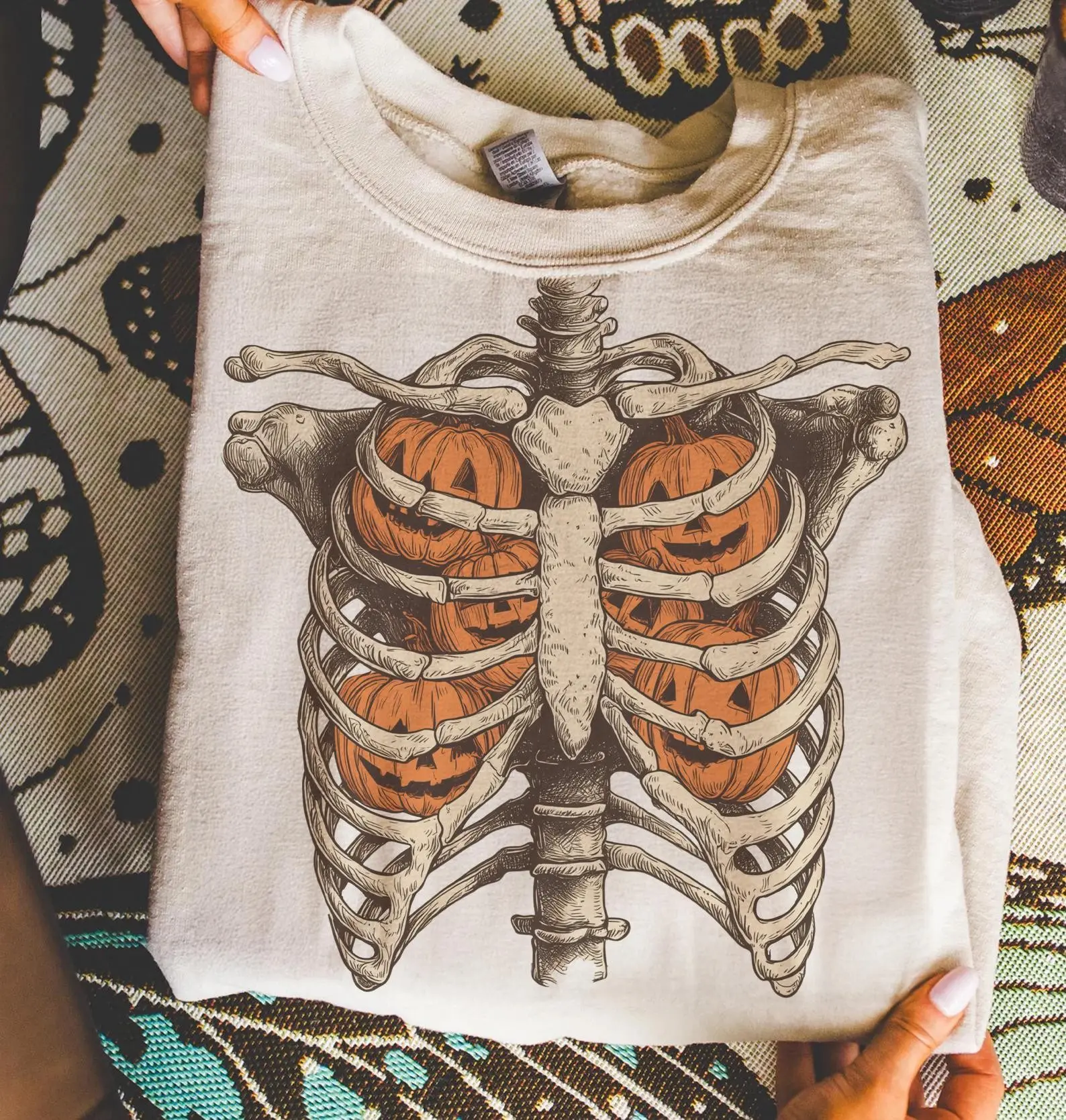 Comfort Colors Ribcage Pumpkins Shirt, Unisex Halloween Skeleton Spooky Season Graphic Tee - photo 4