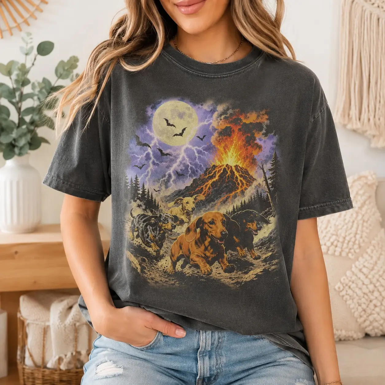 Comfort Colors Running Dachshunds Volcano Eruption Women Graphic Shirts Halloween Party