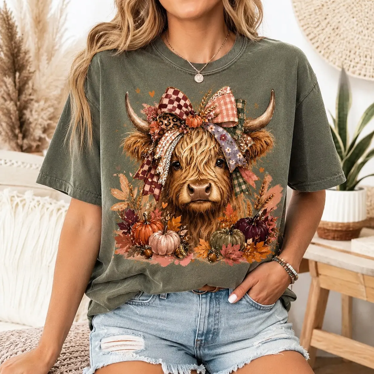 Comfort Colors Rustic Highland Cow Bow Pumpkin Shirt, Vintage Cozy Farmhouse Autumn Harvest Fall Mom Gift