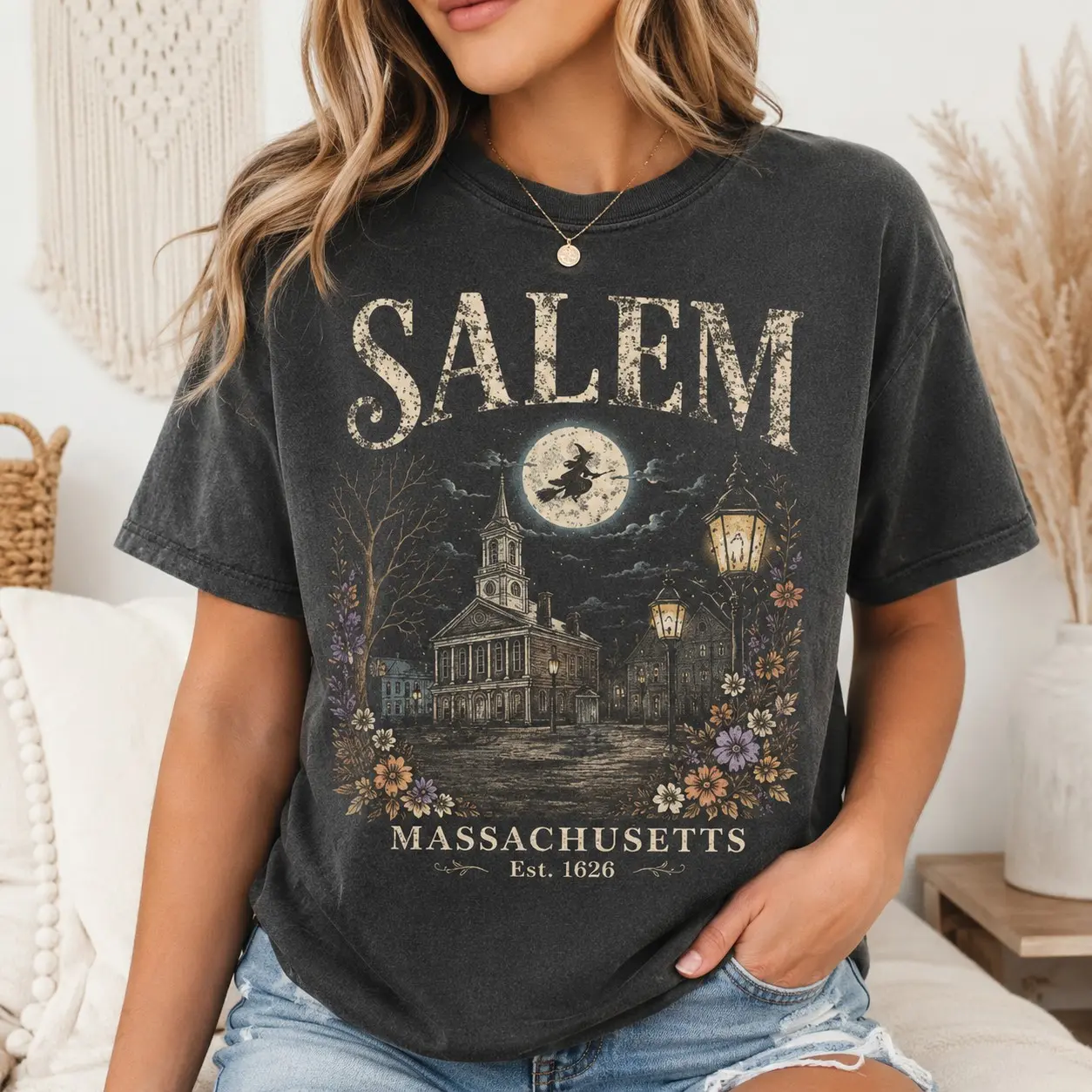 Comfort Colors Salem Massachusetts Est 1626 Shirt, Flying Witch Graphic Tee for Ladies, Fall Festival Top - photo 1