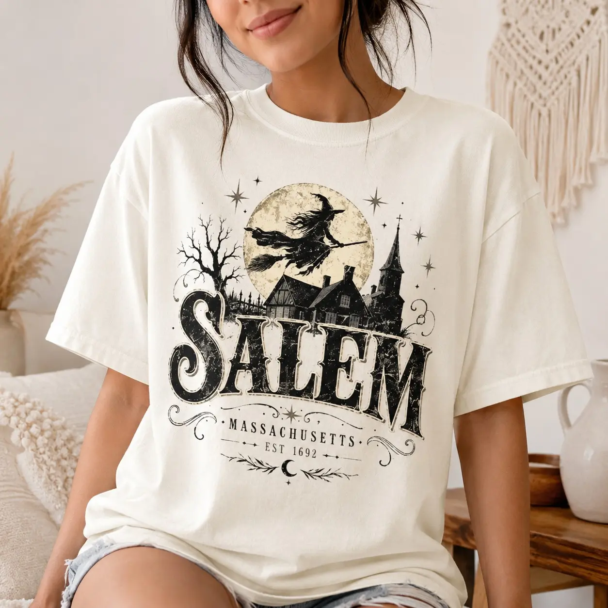 Comfort Colors Salem Massachusetts Est 1692 Flying Witch Shirt, Teens Short Sleeve Halloween Festival Tee, Spooky Wiccan Autumn Gift