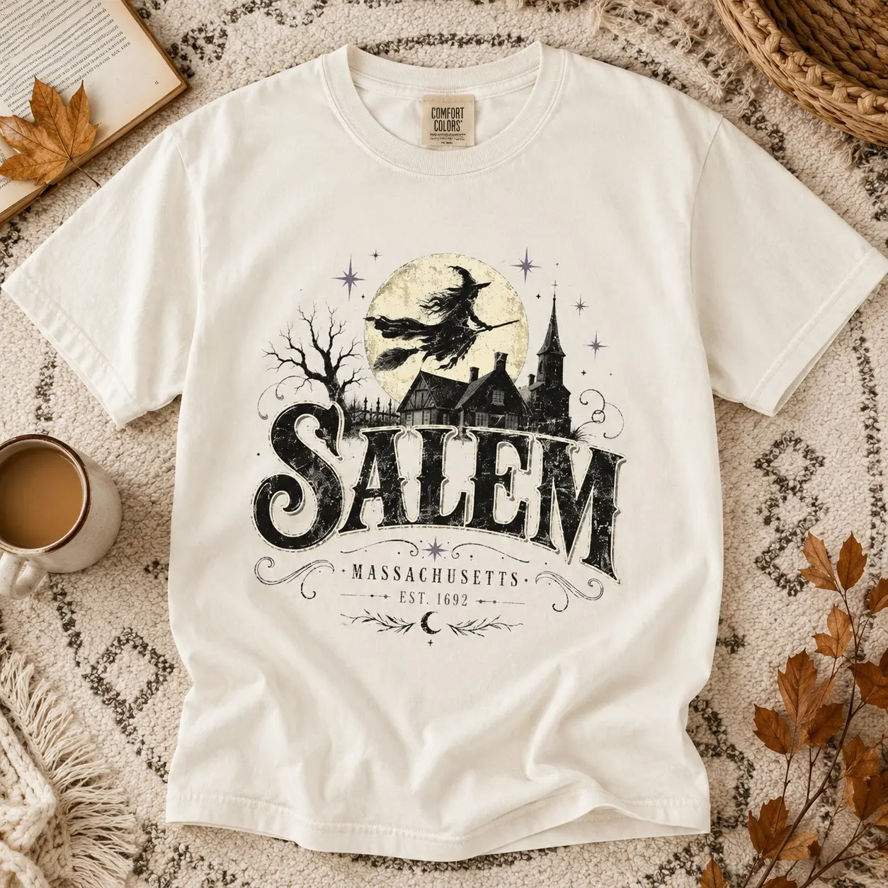 Comfort Colors Salem Massachusetts Est 1692 Flying Witch Shirt, Teens Short Sleeve Halloween Festival Tee, Spooky Wiccan Autumn Gift - photo 2