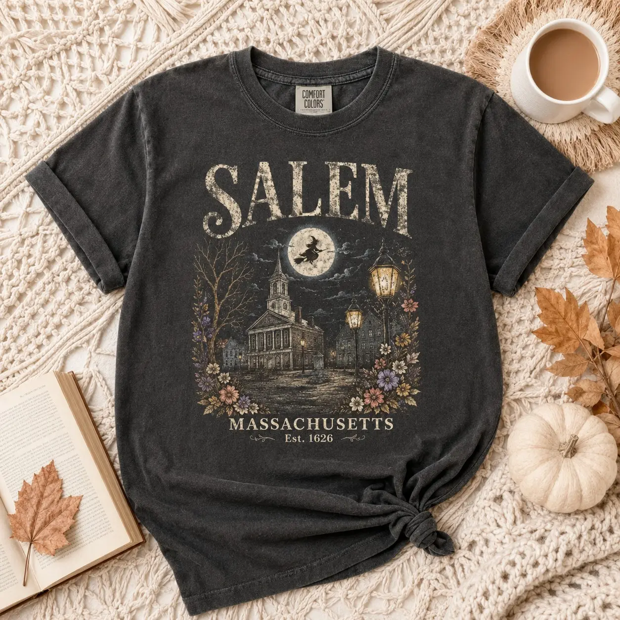 Comfort Colors Salem Massachusetts Est 1626 Shirt, Flying Witch Graphic Tee for Ladies, Fall Festival Top - photo 2