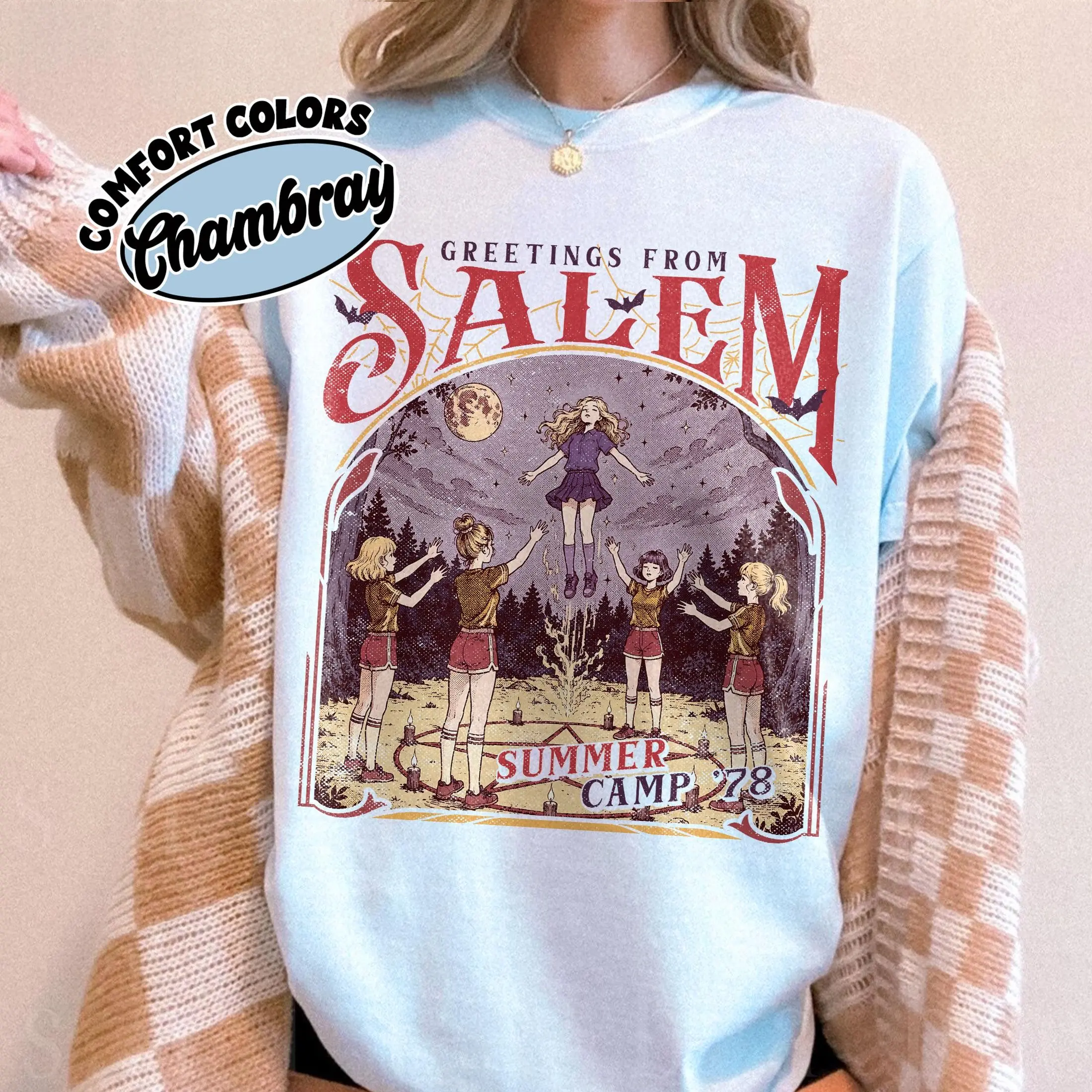 Comfort Colors Salem Summer Camp T-Shirt, Girly Halloween Spooky Graphic Tee, Witchy Season Top - photo 4