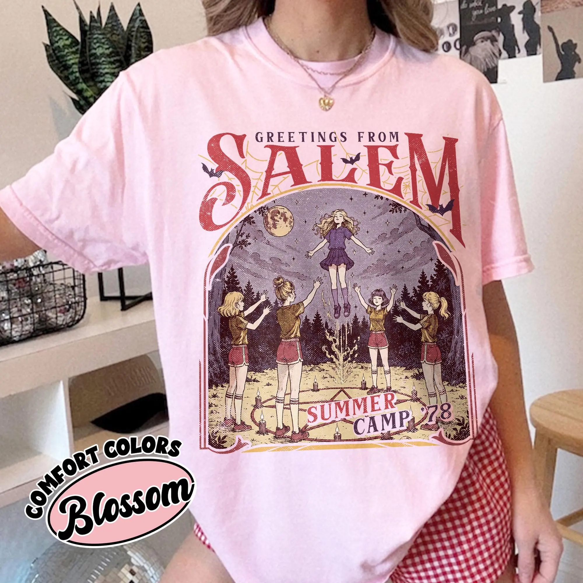 Comfort Colors Salem Summer Camp T-Shirt, Girly Halloween Spooky Graphic Tee, Witchy Season Top - photo 5