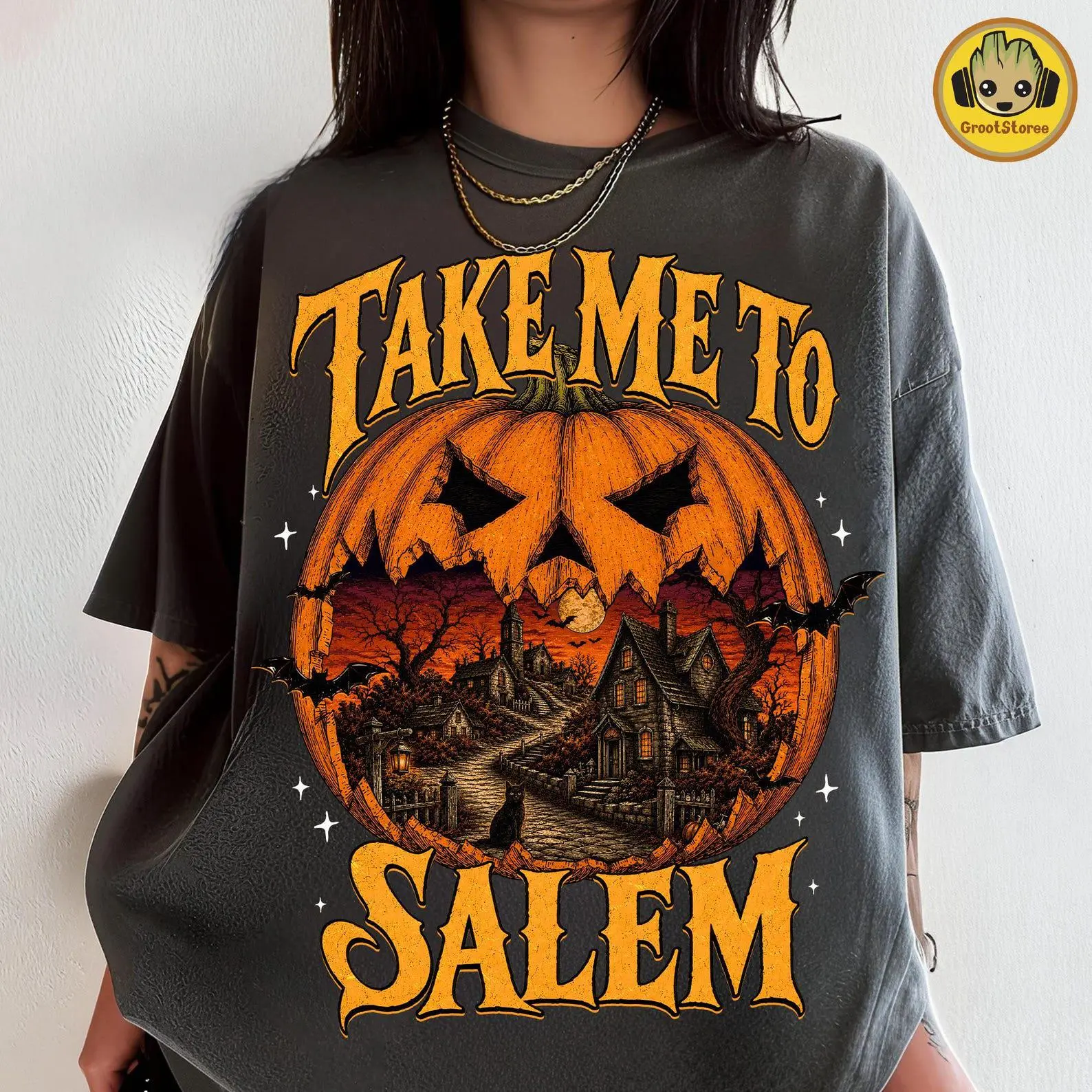 Comfort Colors Salem Witch Halloween Shirt, Retro Fall Haunted Pumpkin Spooky Season Graphic Tee