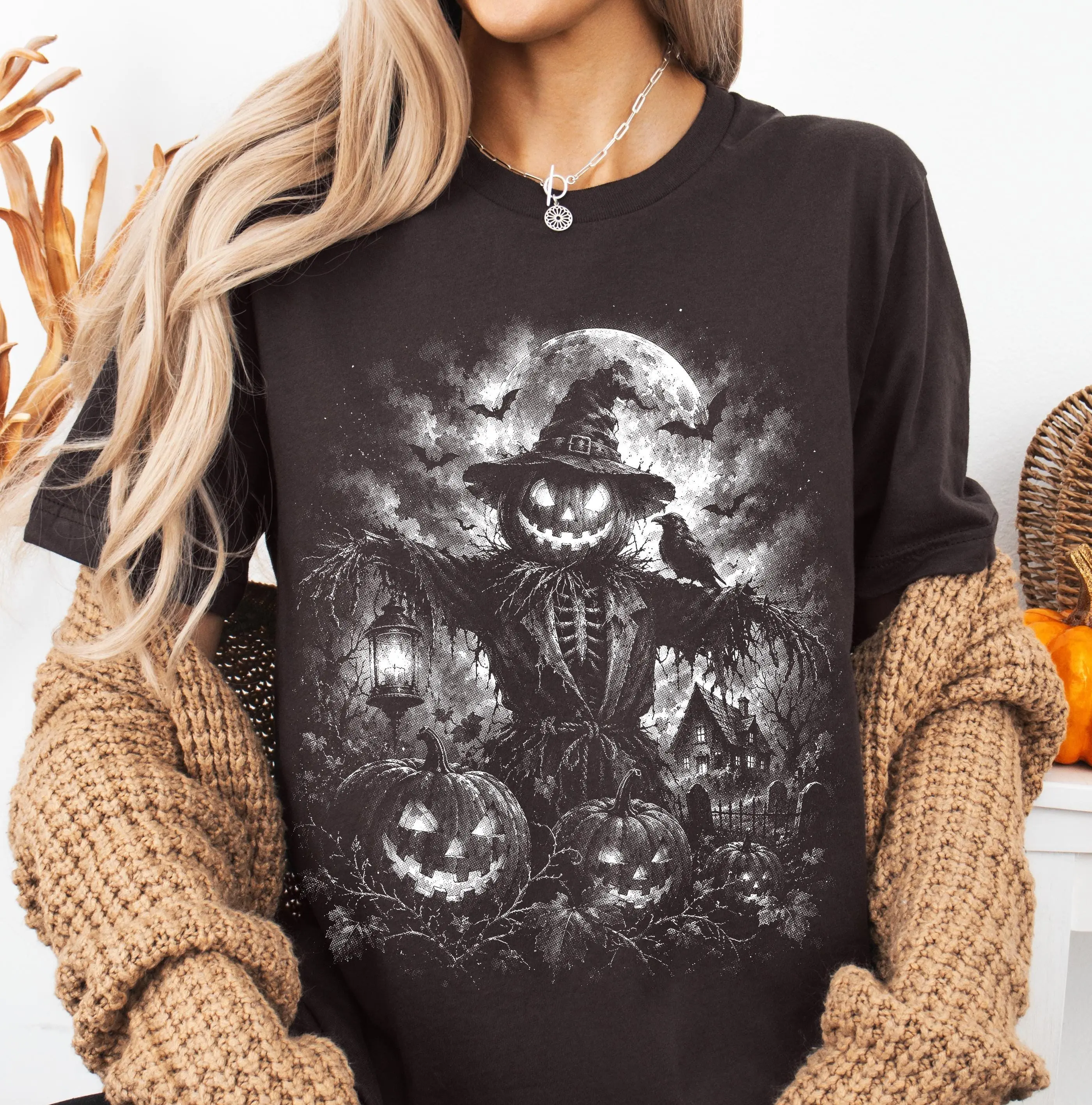 Comfort Colors Scarecrow Pumpkin Halloween Sweatshirt, Vintage Haunted Harvest Gothic Lantern Crow Graphic - photo 5