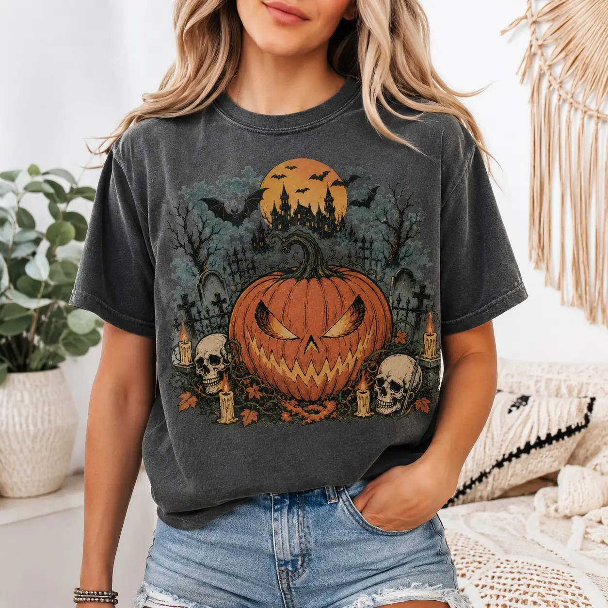 Comfort Colors Scary Jack-o-Lantern Skulls Shirt, Cemetery Gravestones Graphic Tee for Halloween Celebration