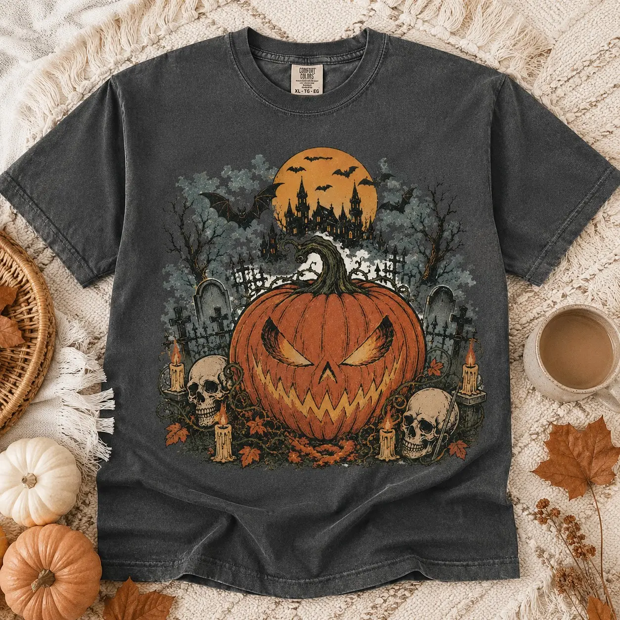 Comfort Colors Scary Jack-o-Lantern Skulls Shirt, Cemetery Gravestones Graphic Tee for Halloween Celebration - photo 2