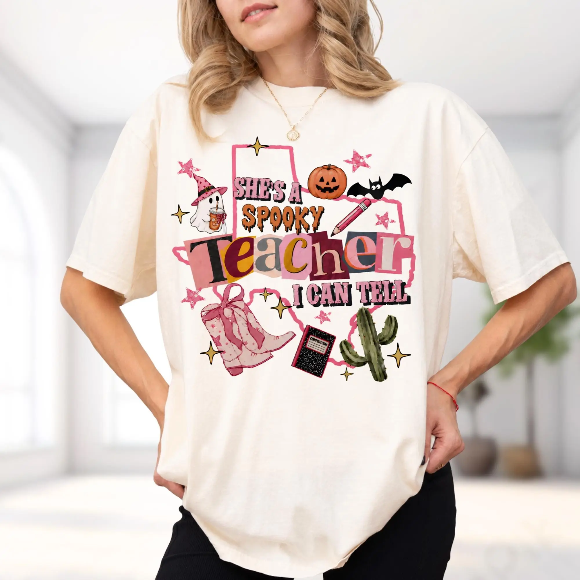 Comfort Colors She's A Spooky Teacher I Can Tell Shirt, Funny Ghost Halloween Tee, Appreciation Gift Top