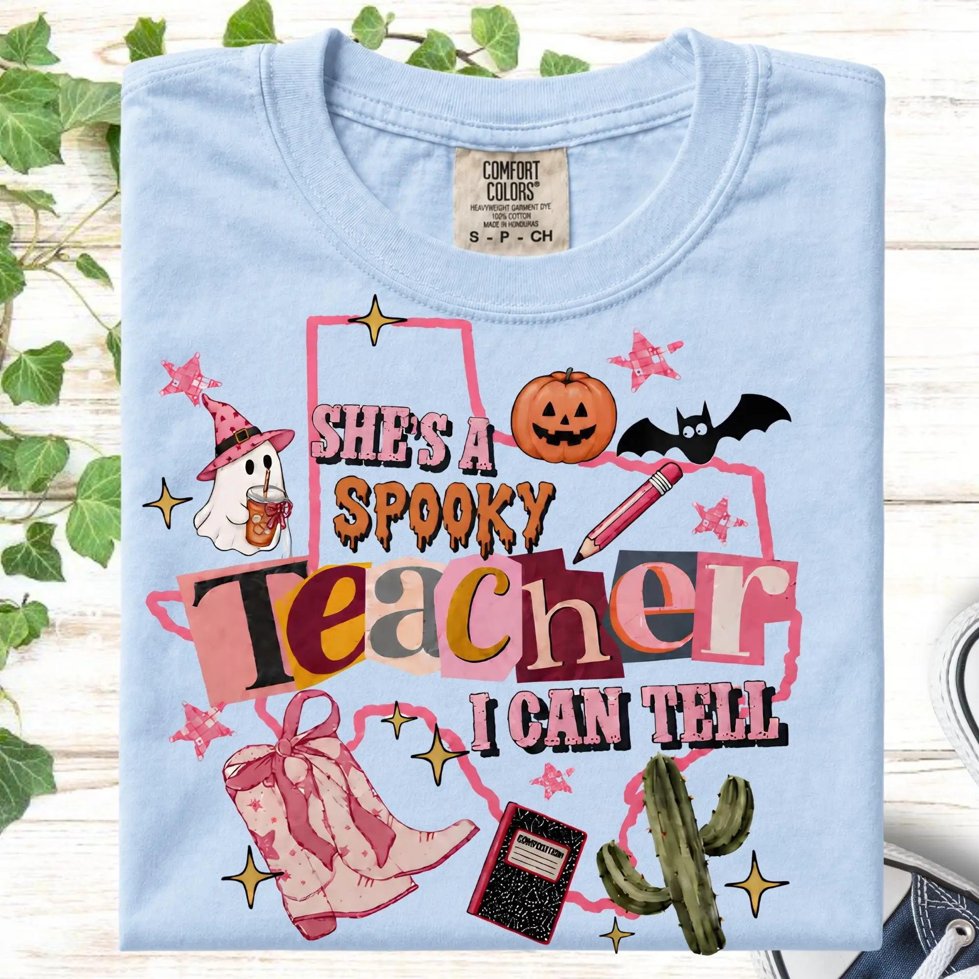 Comfort Colors She's A Spooky Teacher I Can Tell Shirt, Funny Ghost Halloween Tee, Appreciation Gift Top - photo 2