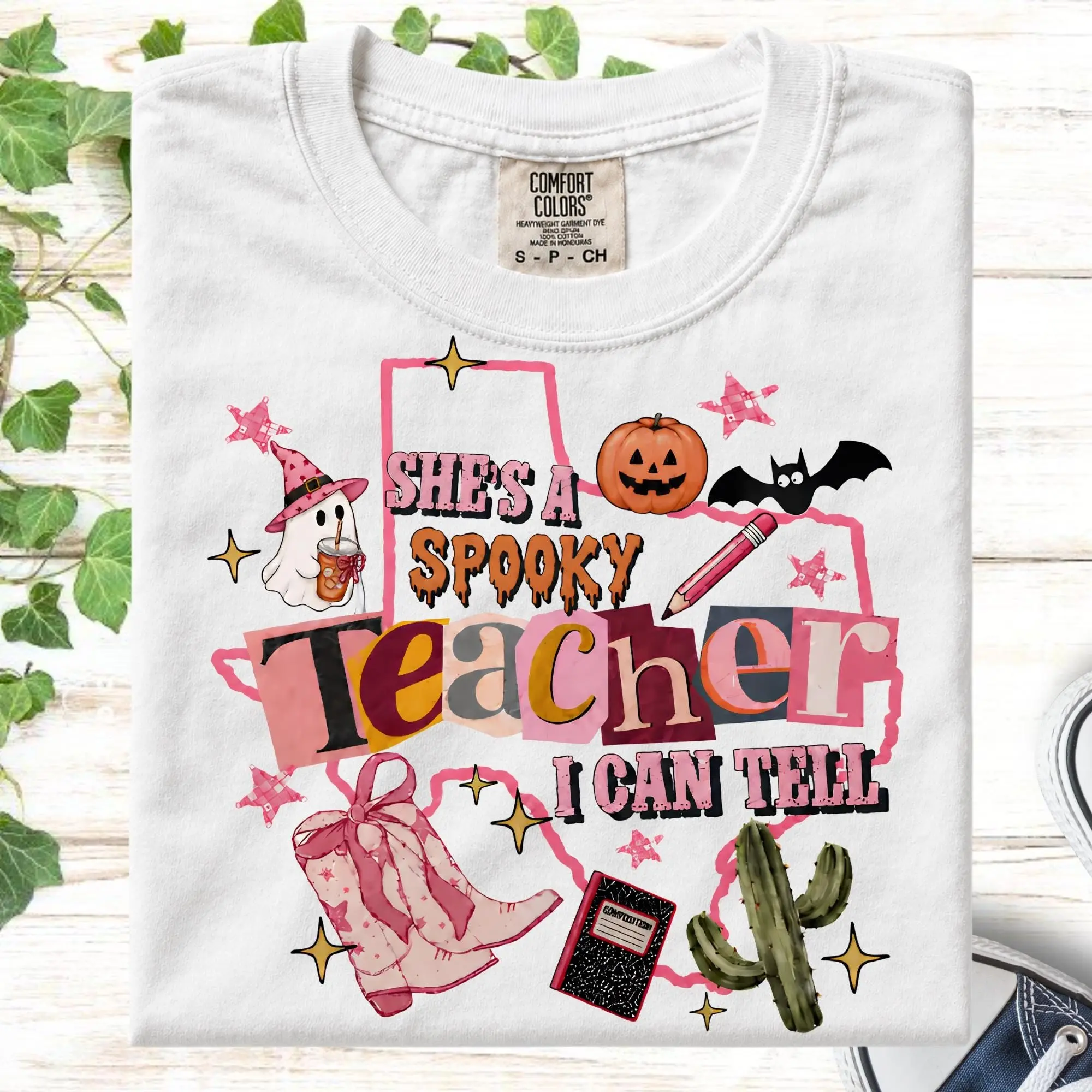 Comfort Colors She's A Spooky Teacher I Can Tell Shirt, Funny Ghost Halloween Tee, Appreciation Gift Top - photo 3