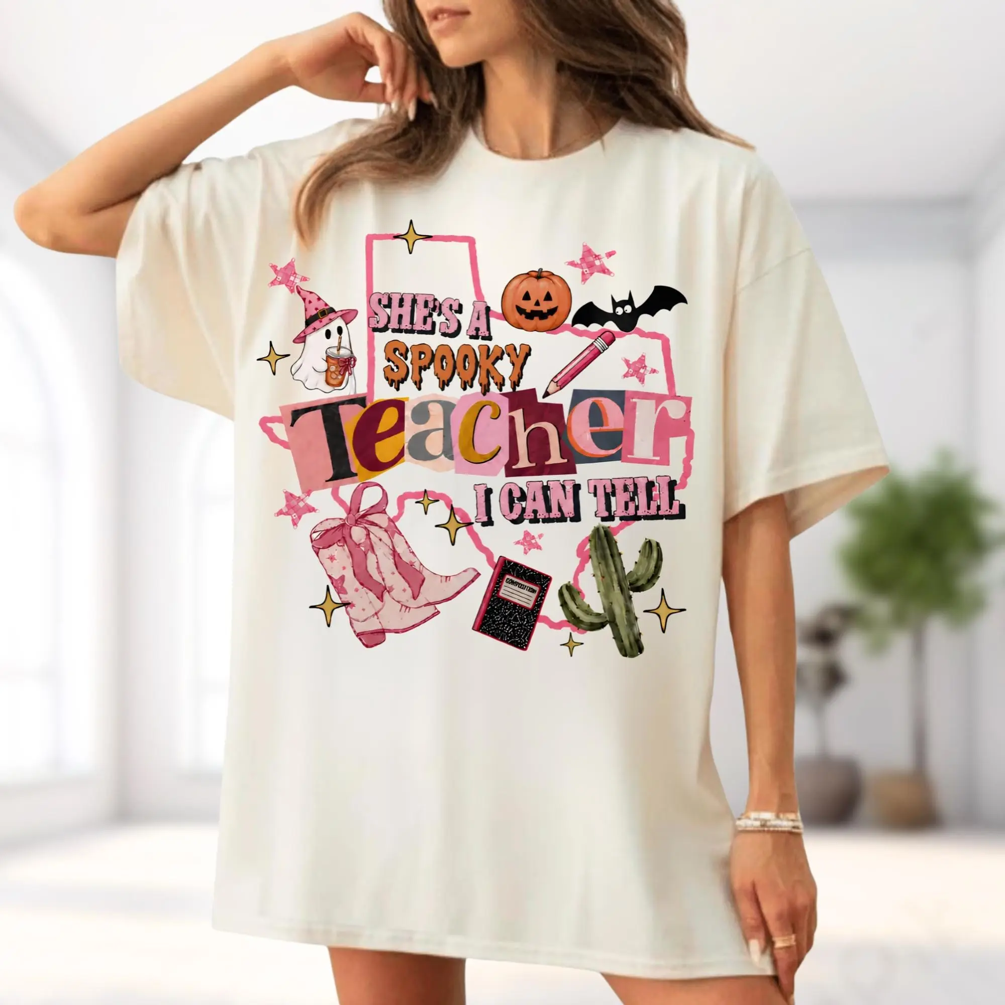 Comfort Colors She's A Spooky Teacher I Can Tell Shirt, Funny Ghost Halloween Tee, Appreciation Gift Top - photo 4