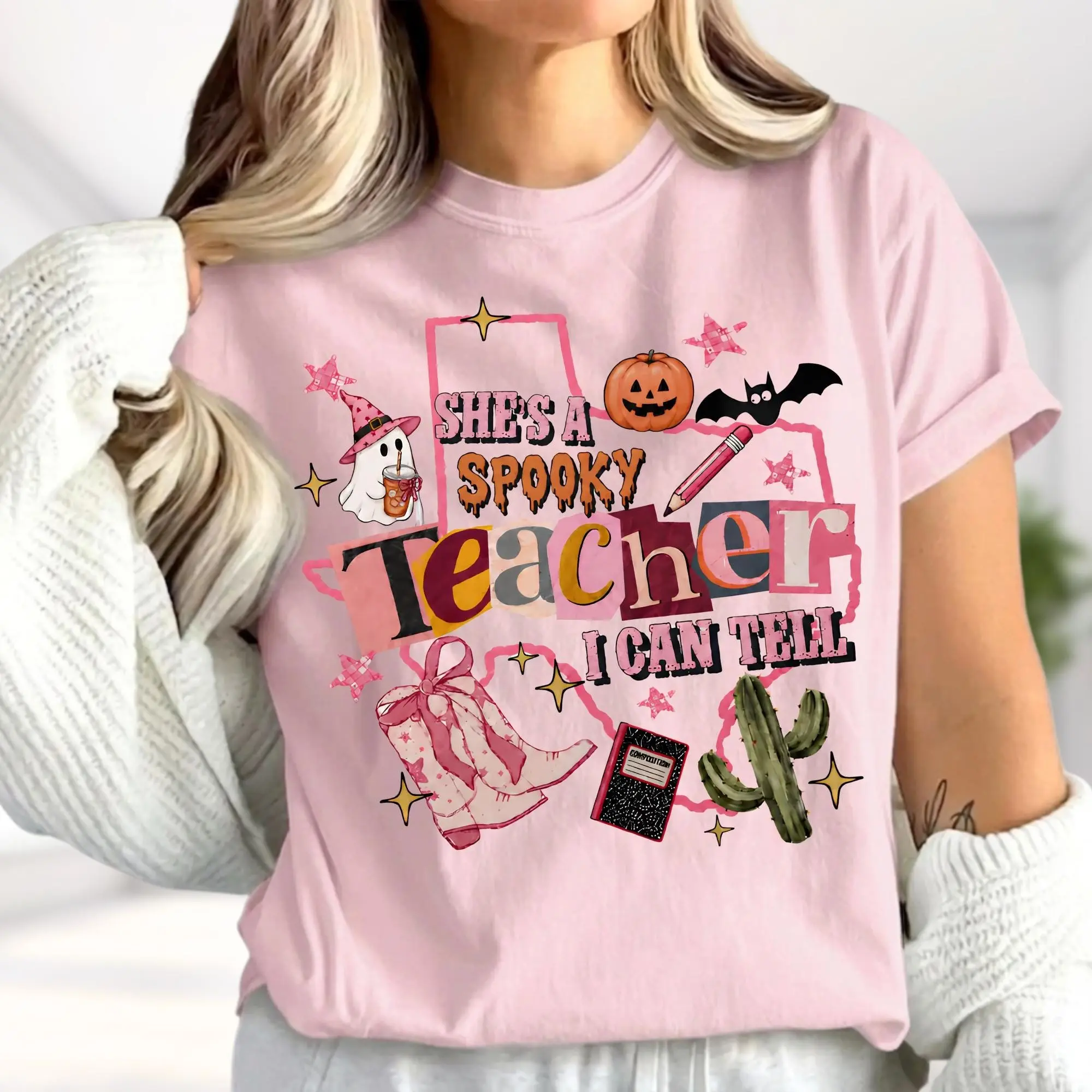 Comfort Colors She's A Spooky Teacher I Can Tell Shirt, Funny Ghost Halloween Tee, Appreciation Gift Top - photo 5