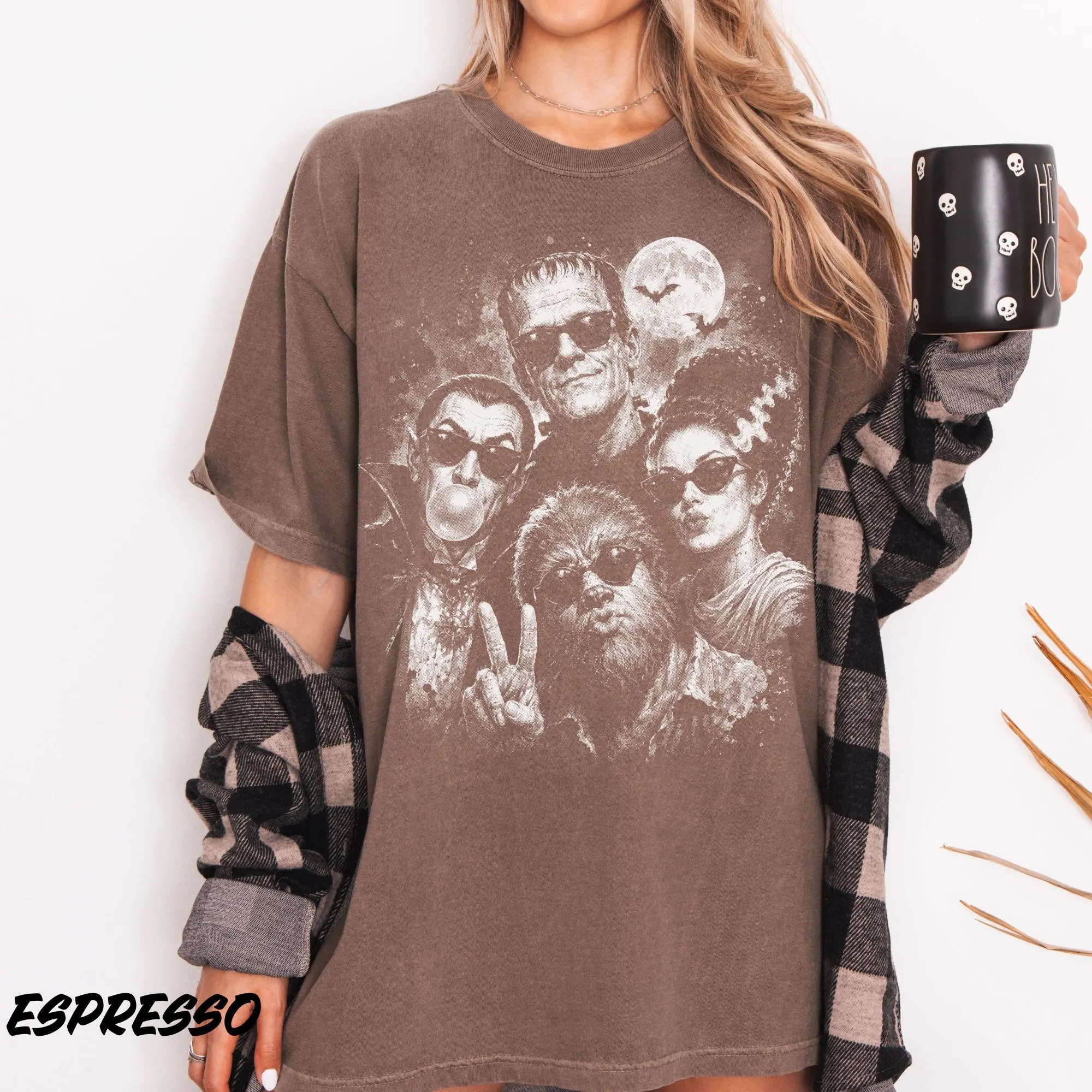 Comfort Colors Retro Halloween Monster Selfie Shirt, Frankenstein Werewolf Dracula Bubblegum Funny Spooky Season Tee - photo 3