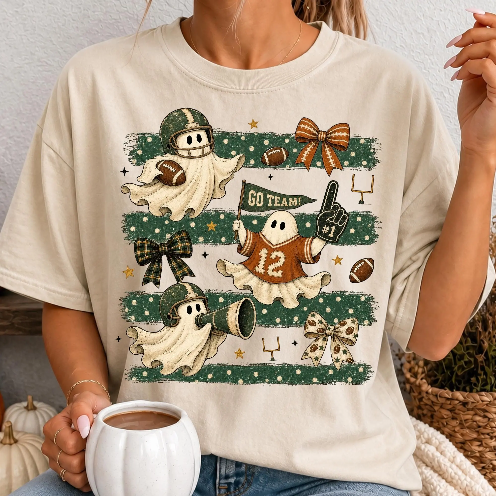Comfort Colors Striped Football Ghosts Halloween Shirt, Spooky Season Game Day Tee, Cute Sports Graphic Top