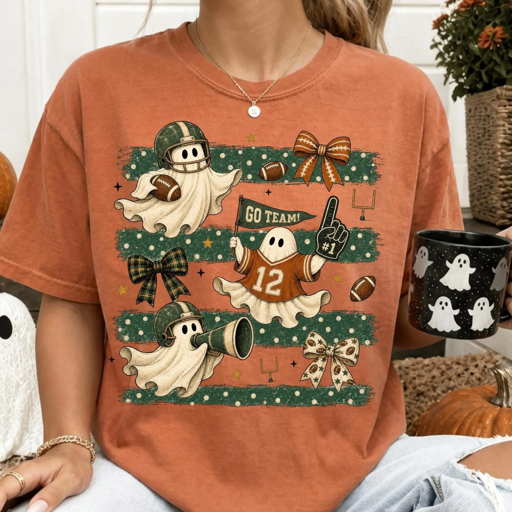 Comfort Colors Striped Football Ghosts Halloween Shirt, Spooky Season Game Day Tee, Cute Sports Graphic Top - photo 2