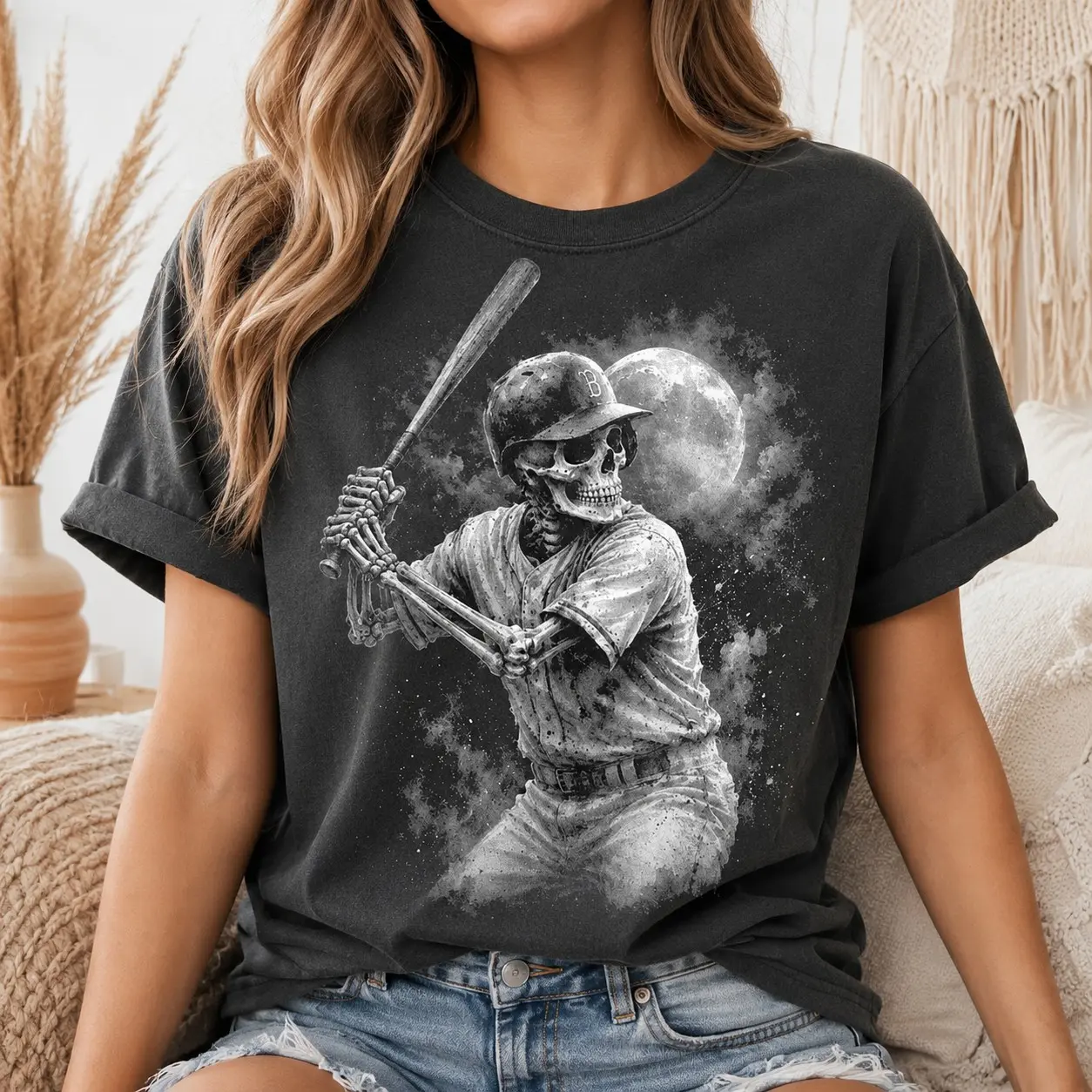 Comfort Colors Skeleton Baseball Player Full Moon Shirt, Sports Fan Game Day Graphic Tee, Spooky Athletic Fall Holiday Gift