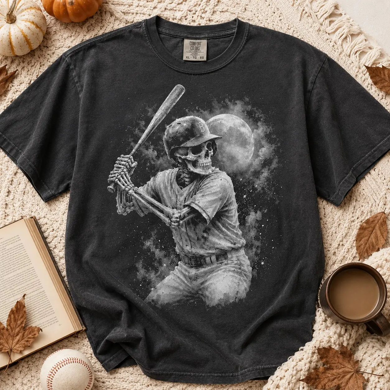Comfort Colors Skeleton Baseball Player Full Moon Shirt, Sports Fan Game Day Graphic Tee, Spooky Athletic Fall Holiday Gift - photo 2