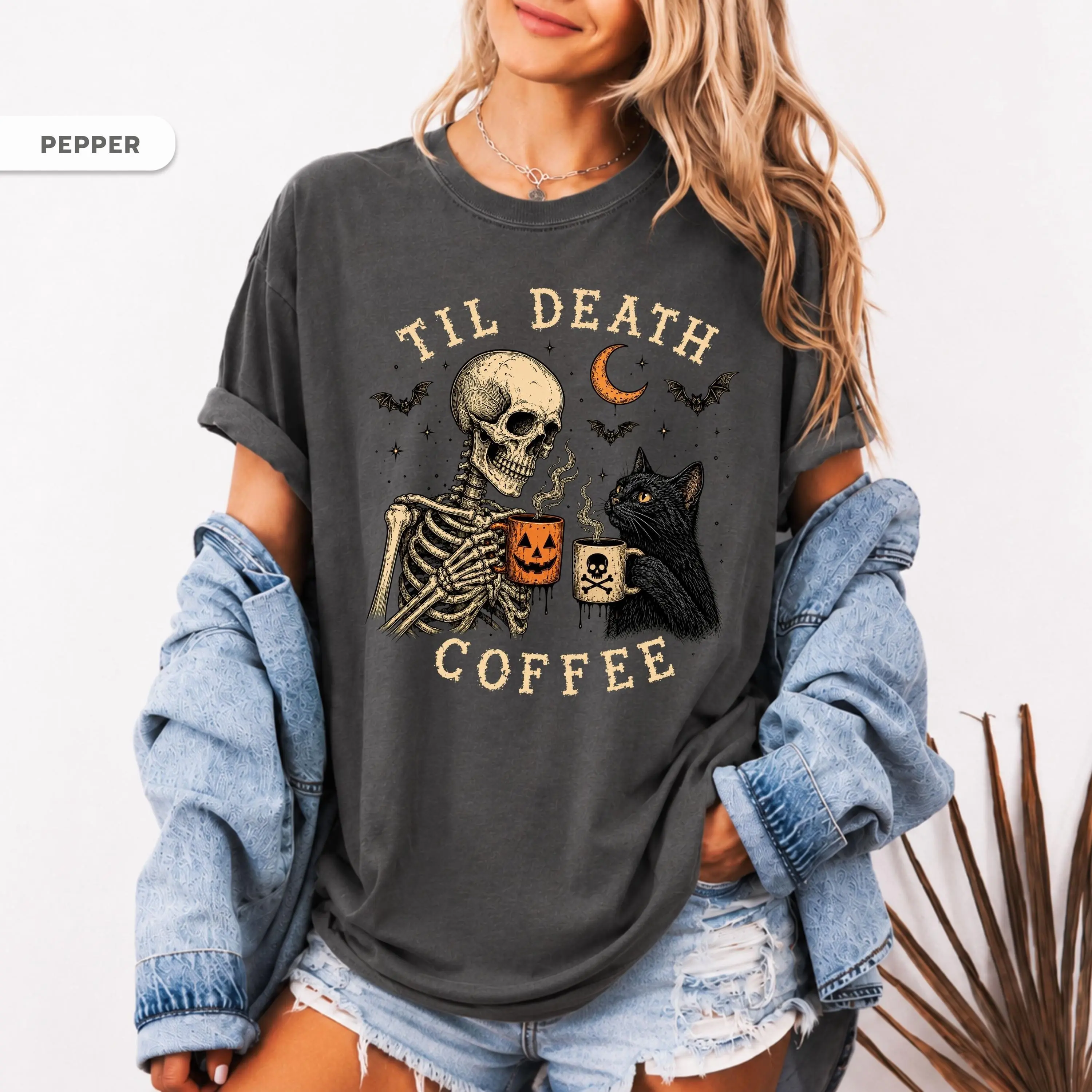 Comfort Colors Skeleton Black Cat Coffee Shirt, Til Death Halloween Tee, Gothic Fall Spooky Cat Lover Gift Top