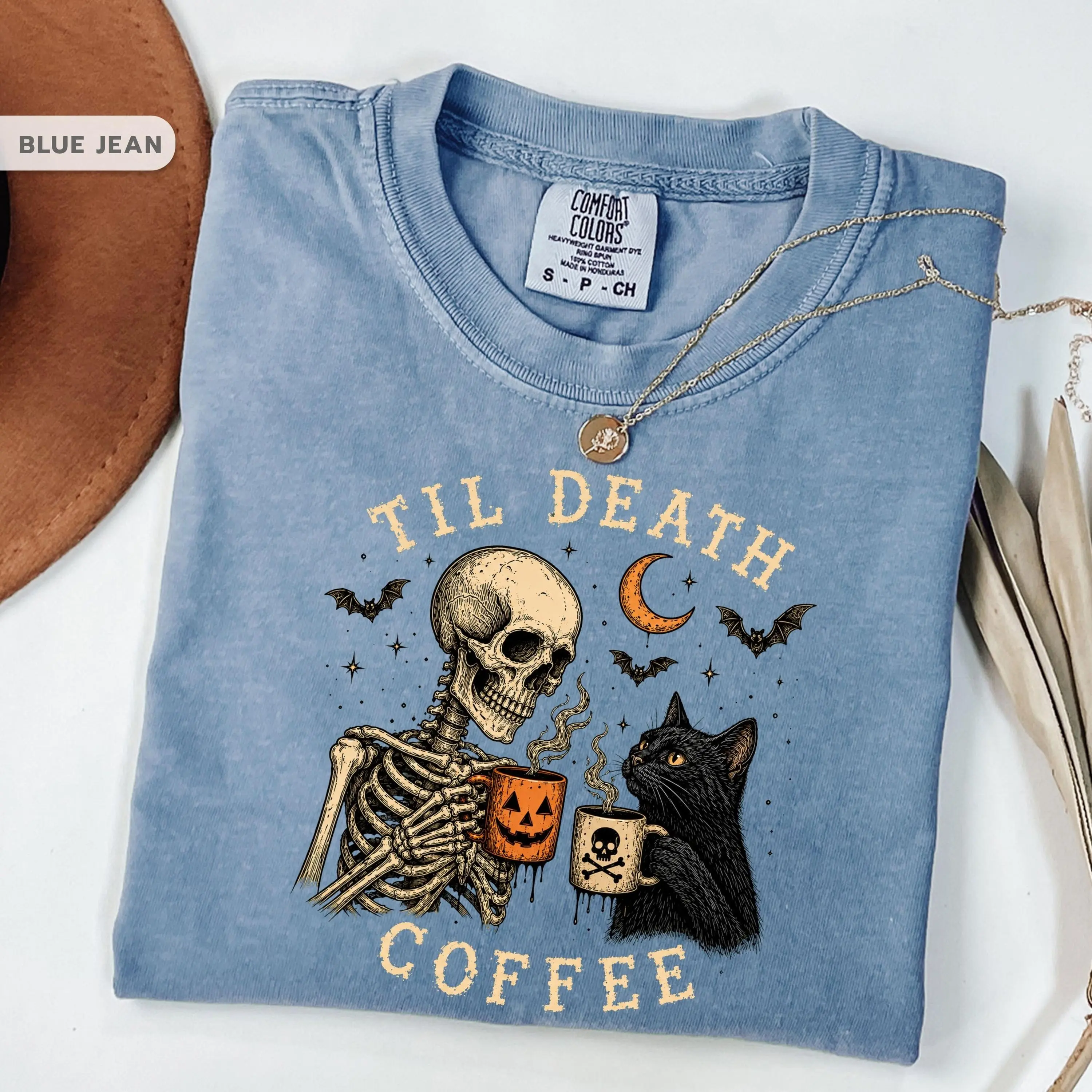 Comfort Colors Skeleton Black Cat Coffee Shirt, Til Death Halloween Tee, Gothic Fall Spooky Cat Lover Gift Top - photo 2