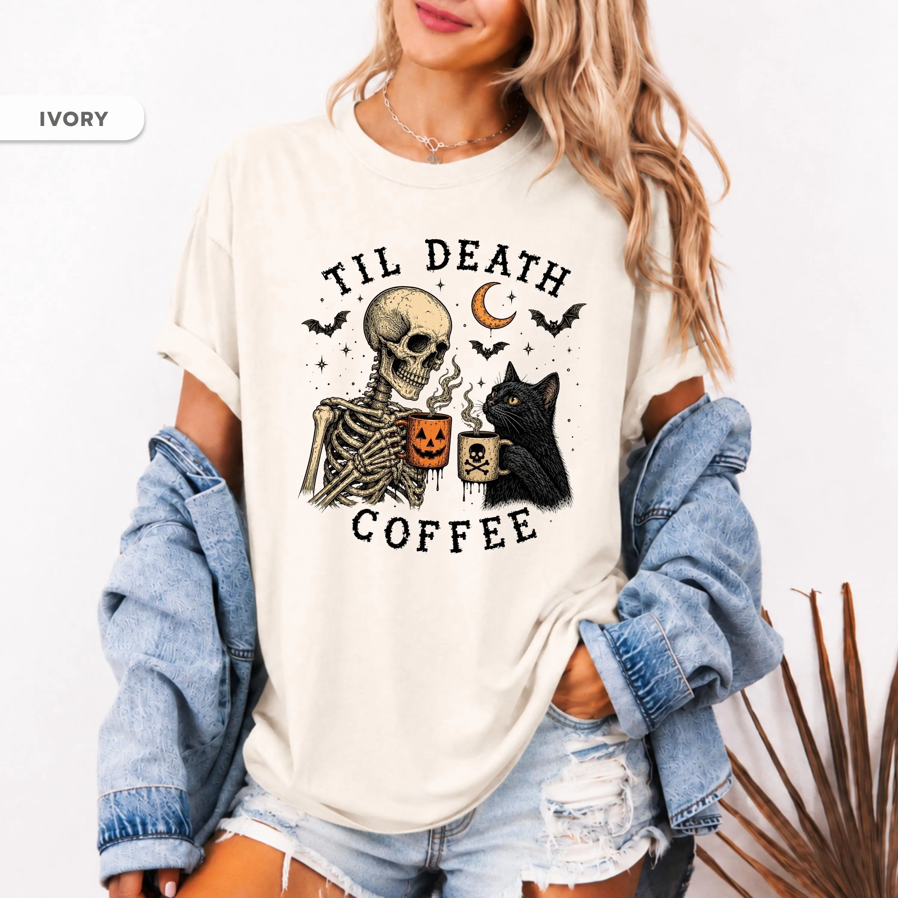 Comfort Colors Skeleton Black Cat Coffee Shirt, Til Death Halloween Tee, Gothic Fall Spooky Cat Lover Gift Top - photo 3