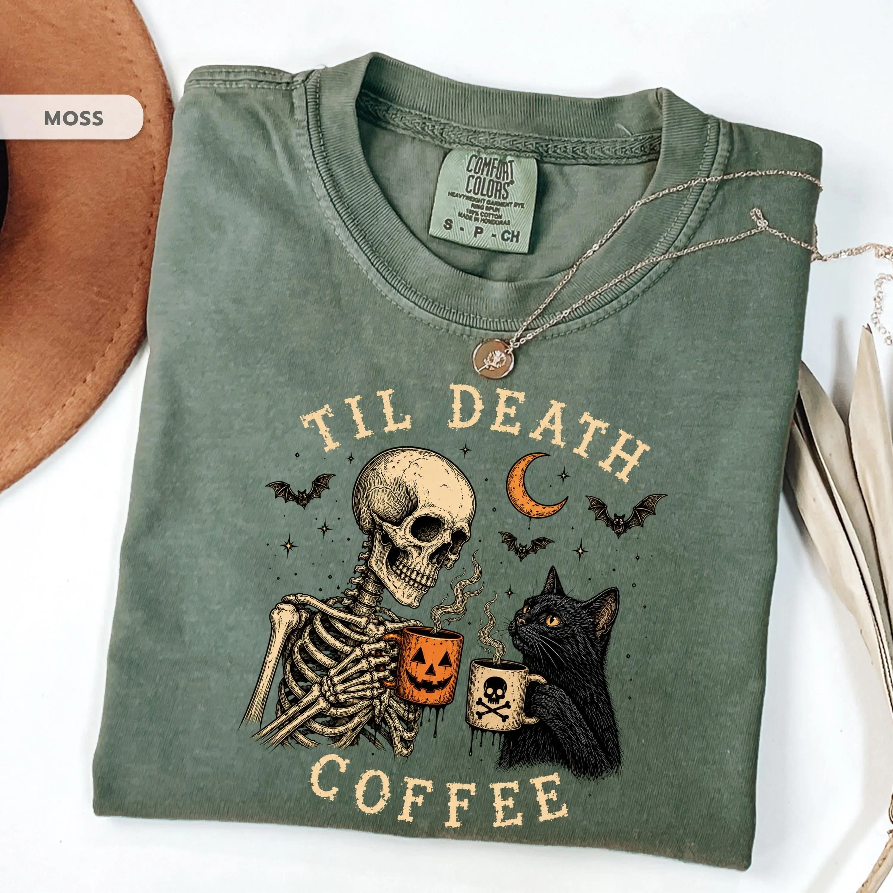Comfort Colors Skeleton Black Cat Coffee Shirt, Til Death Halloween Tee, Gothic Fall Spooky Cat Lover Gift Top - photo 4