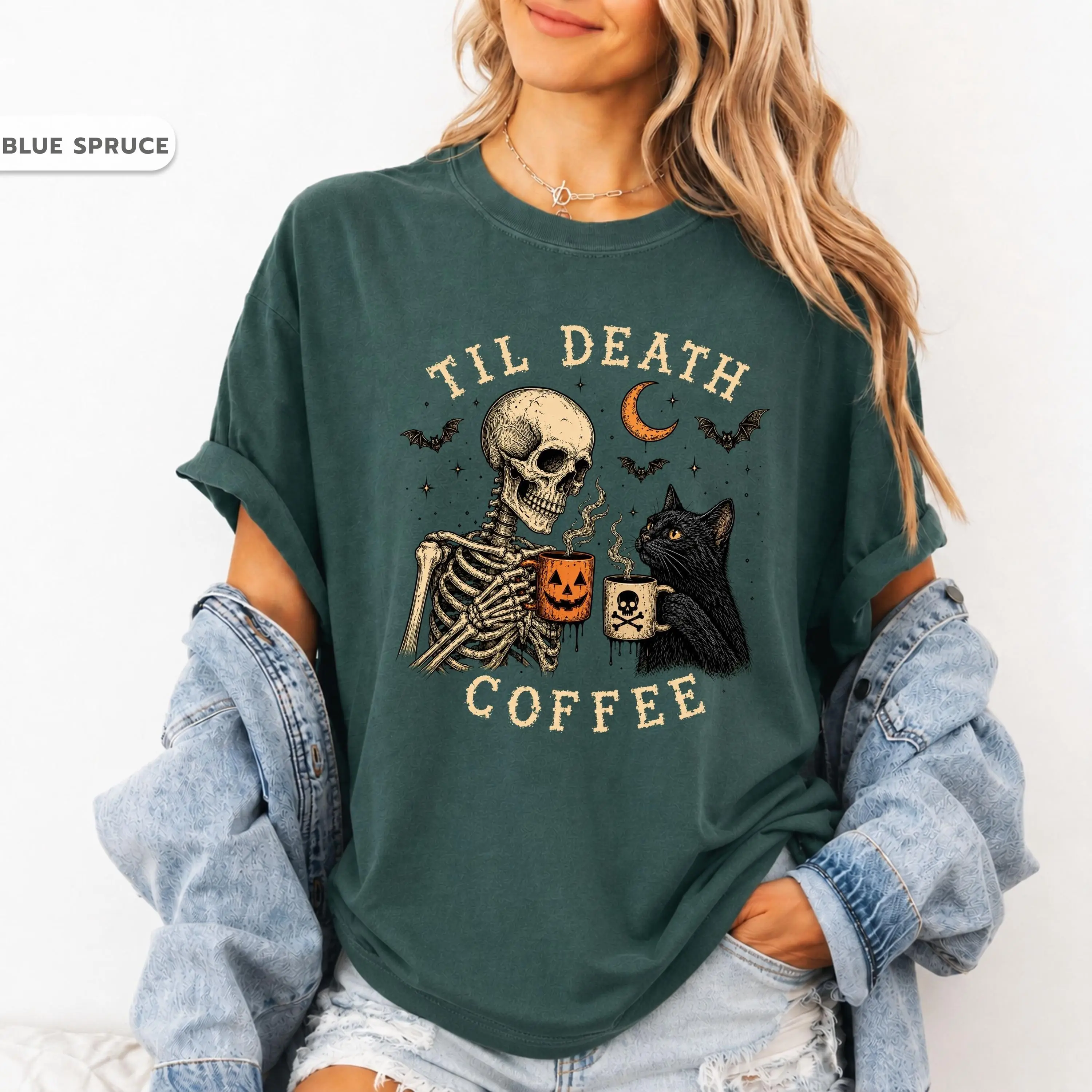 Comfort Colors Skeleton Black Cat Coffee Shirt, Til Death Halloween Tee, Gothic Fall Spooky Cat Lover Gift Top - photo 5