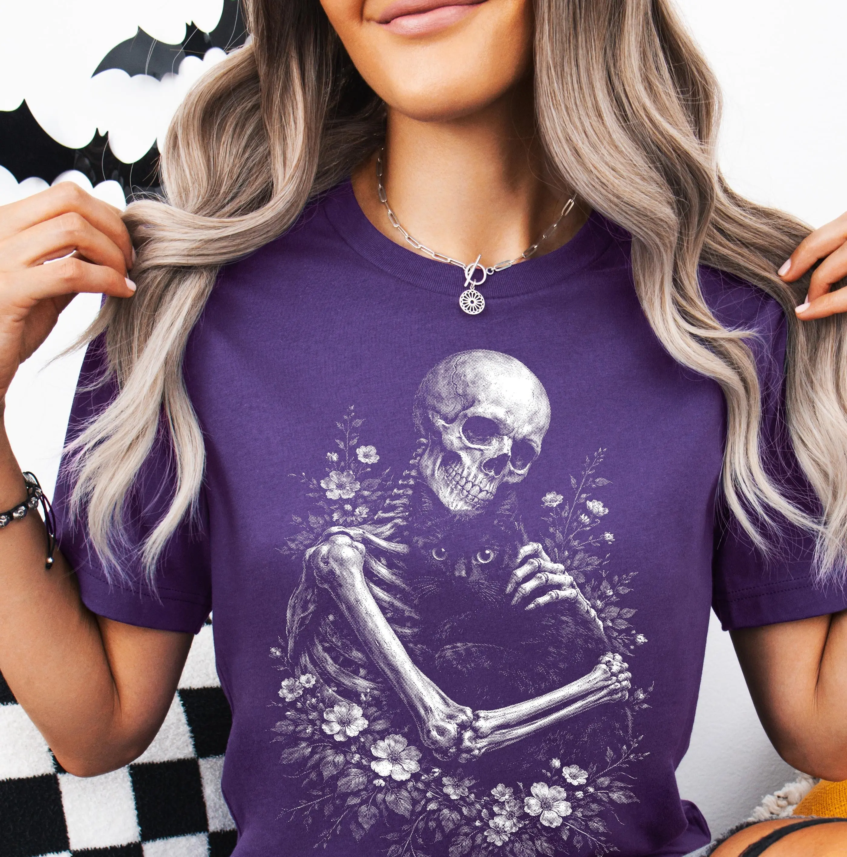 Comfort Colors Skeleton Cat Halftone Sweatshirt, Gothic Skull Autumn Spooky Animal Graphic Top for Pet Lovers - photo 5