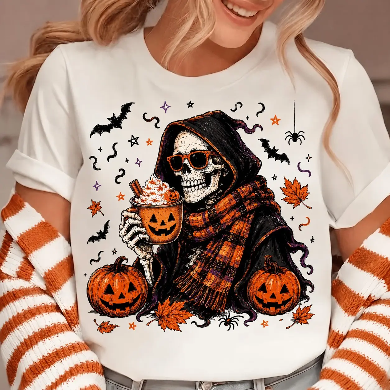 Comfort Colors Skeleton Coffee Latte Fall Shirt, Spooky Autumn Pumpkin Spice Graphic Tee