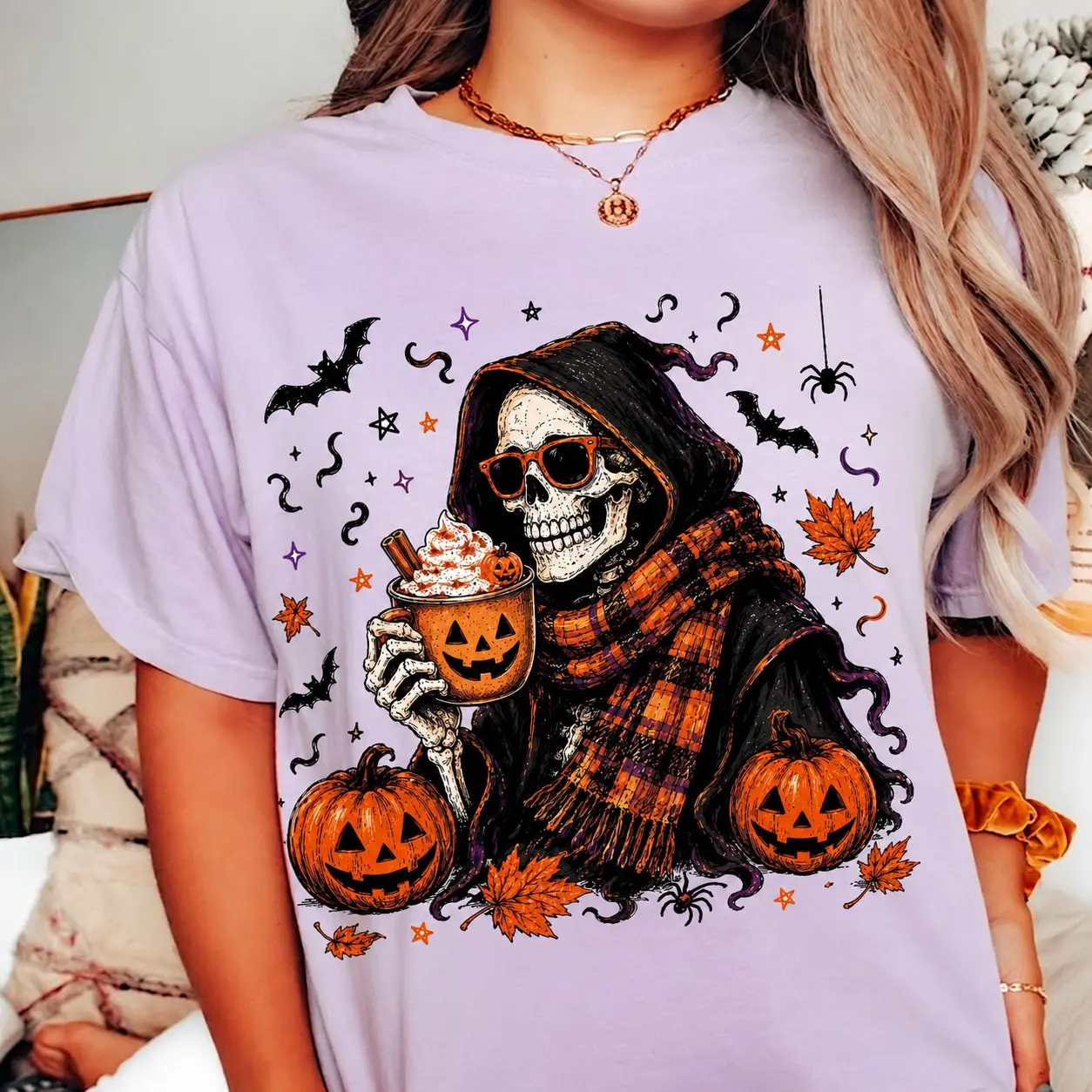 Comfort Colors Skeleton Coffee Latte Fall Shirt, Spooky Autumn Pumpkin Spice Graphic Tee - photo 3