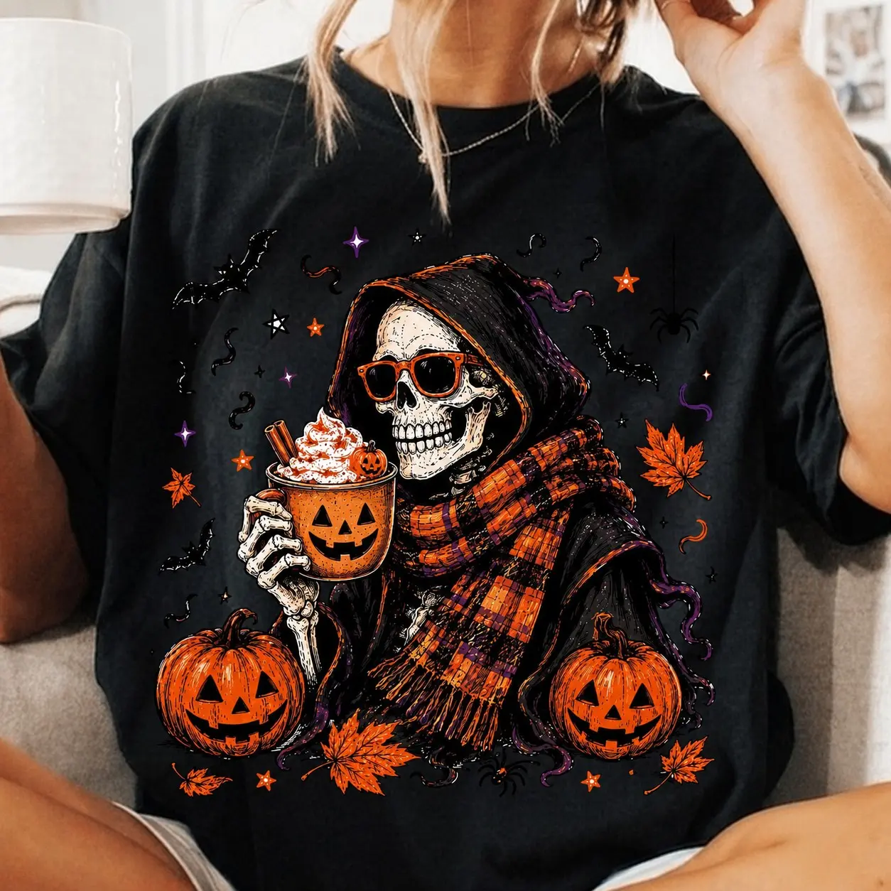 Comfort Colors Skeleton Coffee Latte Fall Shirt, Spooky Autumn Pumpkin Spice Graphic Tee - photo 4