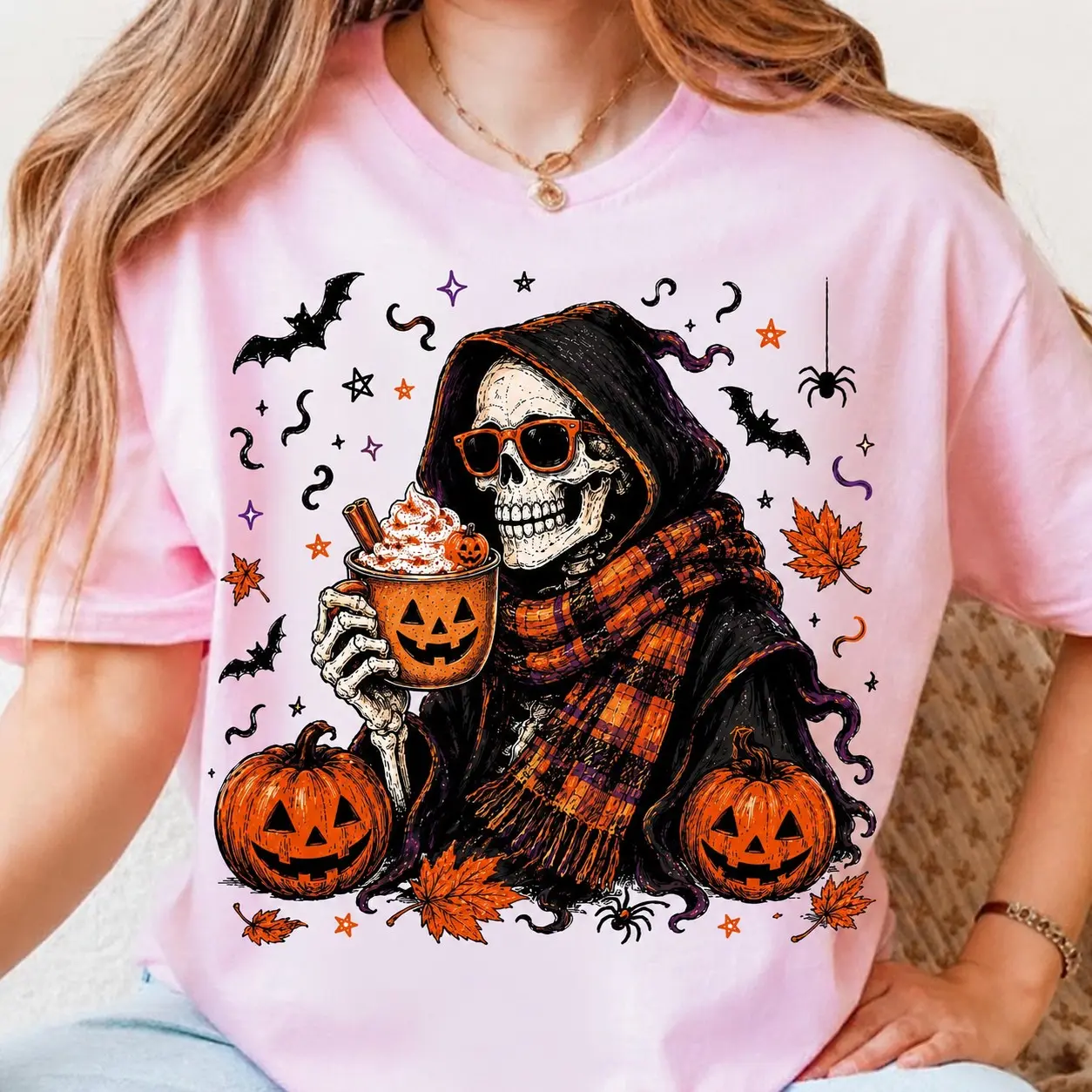 Comfort Colors Skeleton Coffee Latte Fall Shirt, Spooky Autumn Pumpkin Spice Graphic Tee - photo 5
