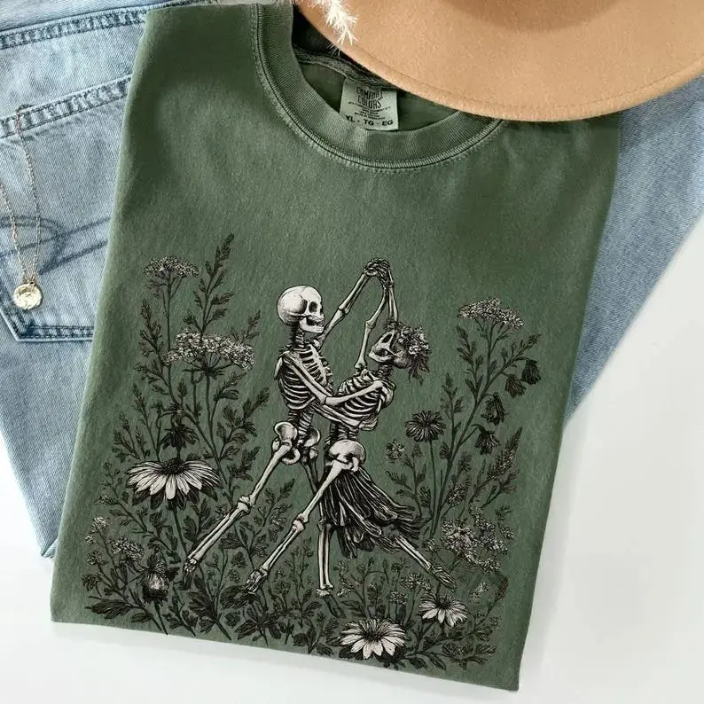 Comfort Colors Skeleton Lovers Dancing T-Shirt, Linocut Gothic Romance Cottagecore Vintage Botanical Halloween Tee - photo 2