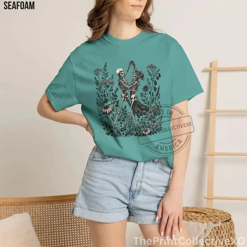 Comfort Colors Skeleton Lovers Dancing T-Shirt, Linocut Gothic Romance Cottagecore Vintage Botanical Halloween Tee - photo 5