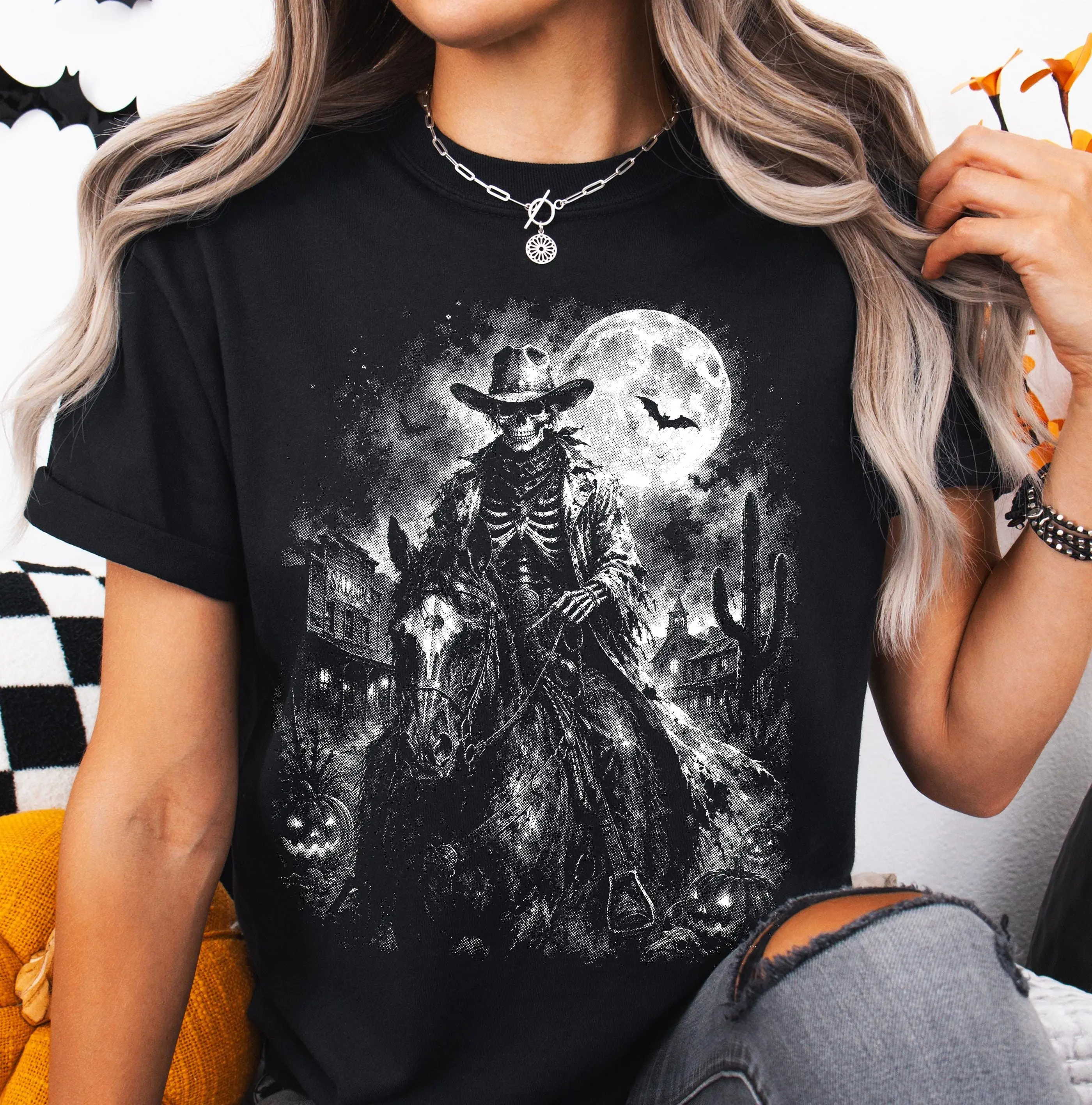 Comfort Colors Skeleton Cowboy Horse Sweatshirt, Halloween Western Halftone Spooky Rider Retro Crewneck