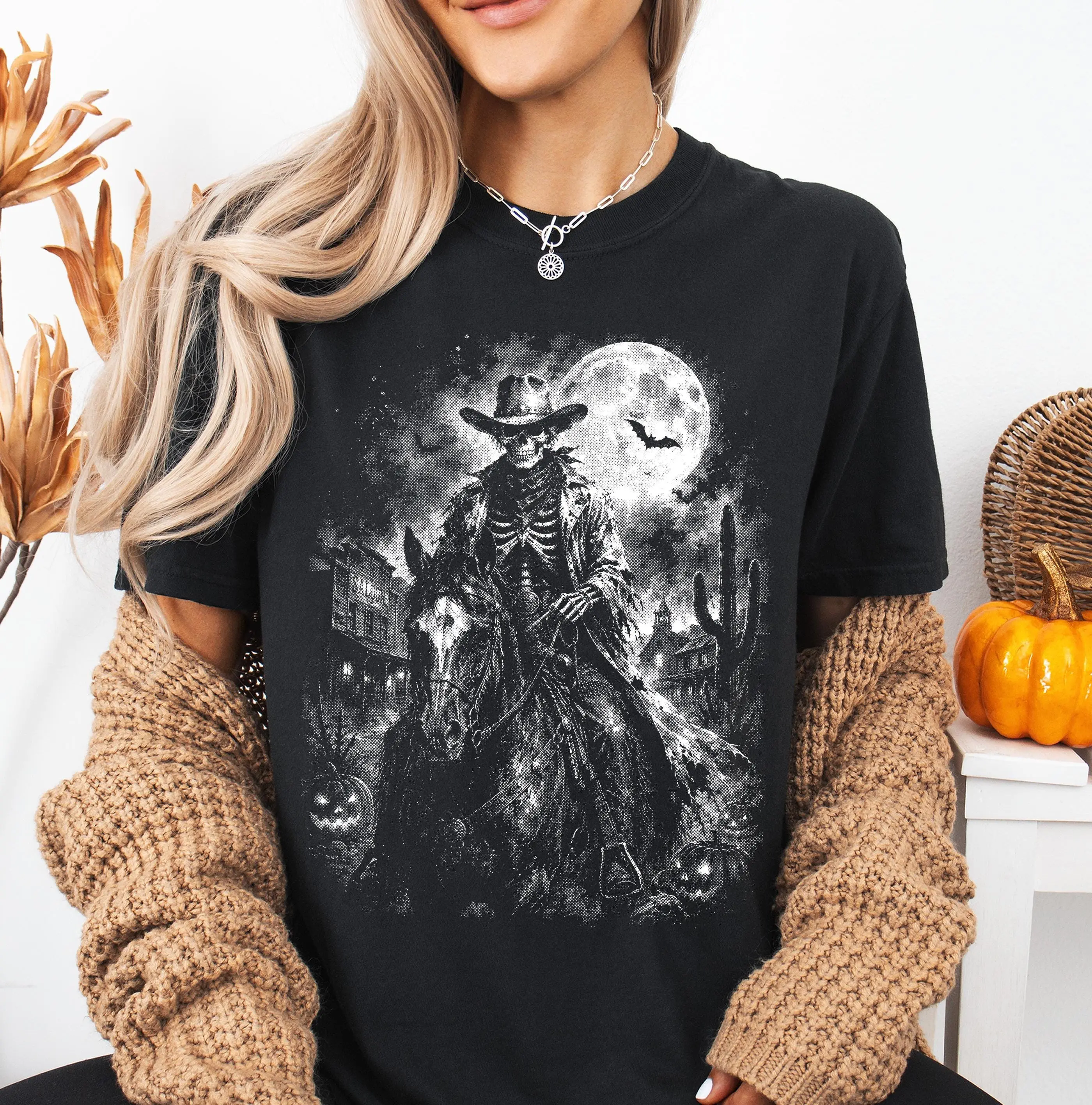 Comfort Colors Skeleton Cowboy Horse Sweatshirt, Halloween Western Halftone Spooky Rider Retro Crewneck - photo 3