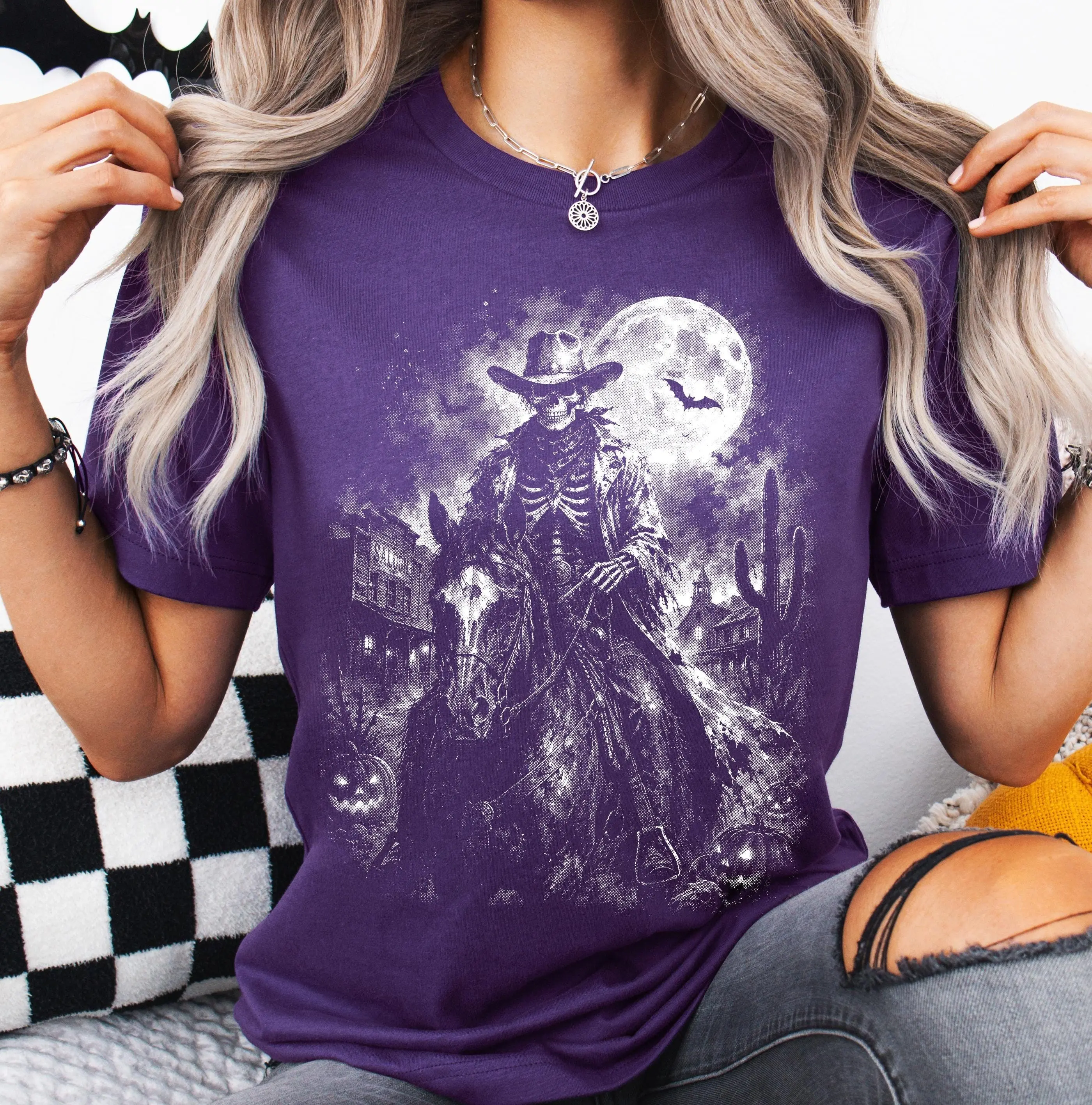 Comfort Colors Skeleton Cowboy Horse Sweatshirt, Halloween Western Halftone Spooky Rider Retro Crewneck - photo 5